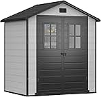 DWVO 6x4.4 FT Outdoor Storage Shed, Plastic Garden Tool Shed with 2 Windows, Double-Wall Outside Shed for Lawn Mower, Garden Tool for Backyard, Patio, Lawn, Lockable, Grey & Black