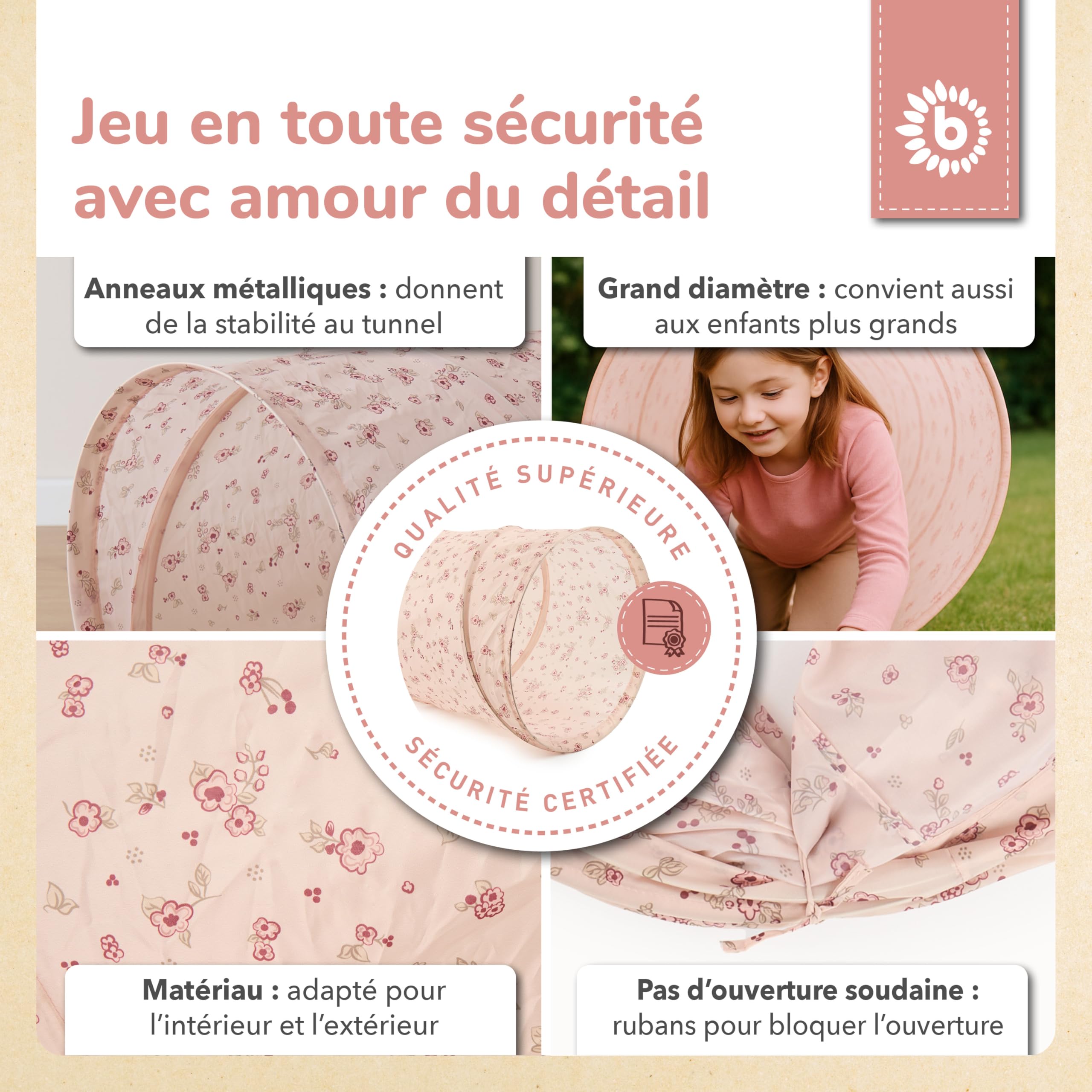 Bieco Tunnel Enfant XXL Dreamy Flowers | 180 x 46 cm | Jeux Exterieur Enfant 1 Ans