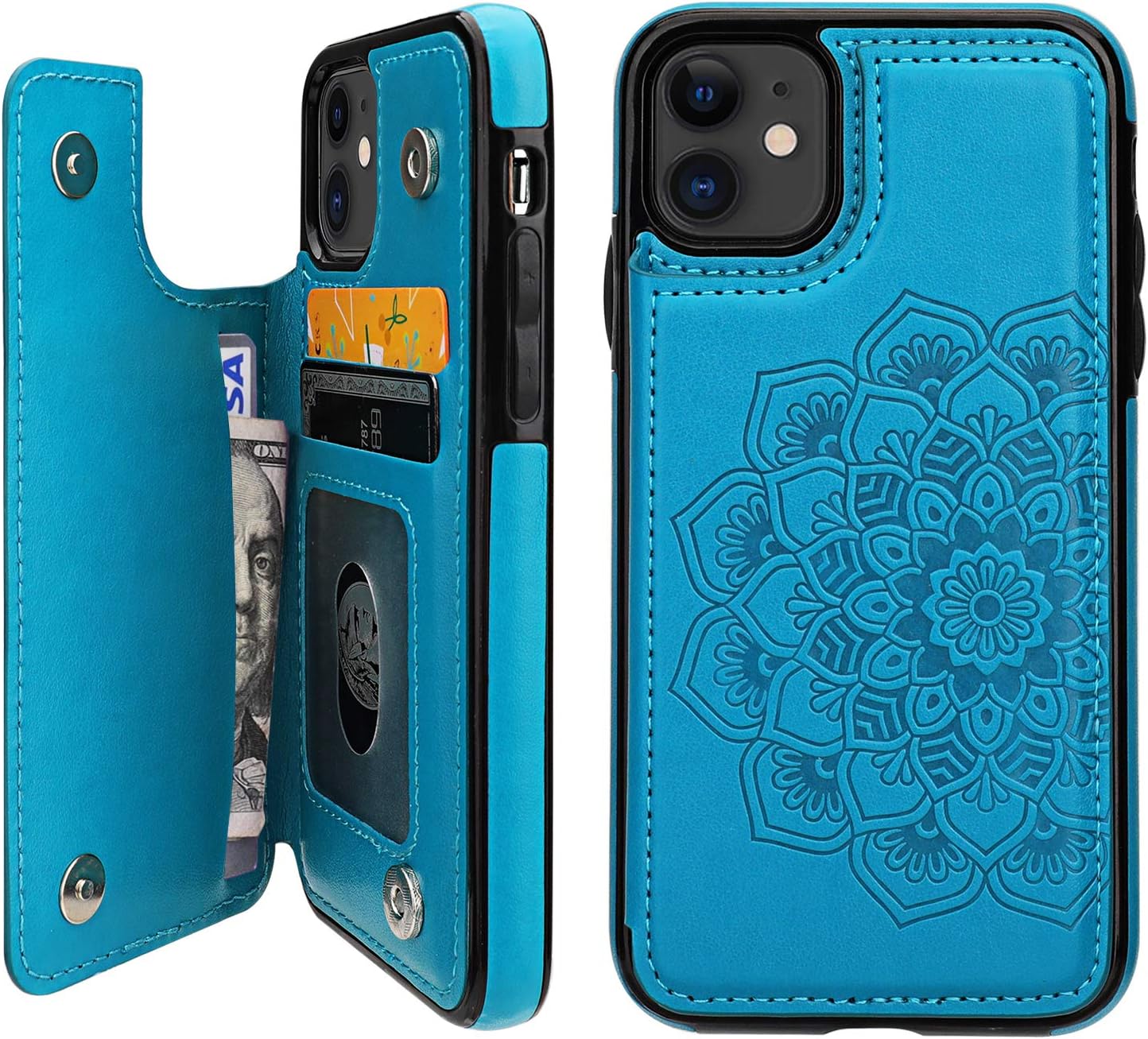 Vaburs Compatible with iPhone 11 Case Wallet with Card Holder, Embossed Mandala Pattern Flower Premium PU Leather Double Magnetic Buttons Flip Shockproof Protective Cover for 6.1 Inch, (Blue)