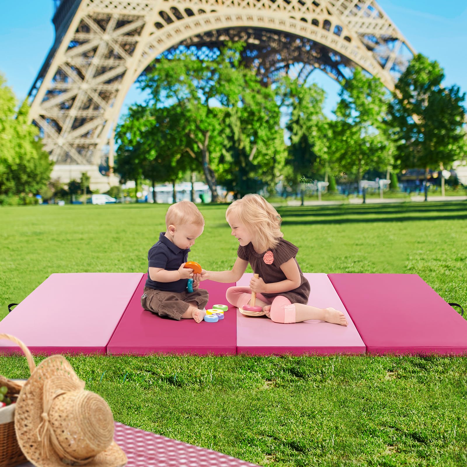 GOPLUS Tapis de Gym Pliable à 4 Plis, 300 x 117 x 5 CM, Tapis de Gymnastique en Cuir avec Fermeture à Boucle, Combinaisonable avec Crochet, Poignée de Transport, Tapis de Sport pour Fitness, Gym, Yoga