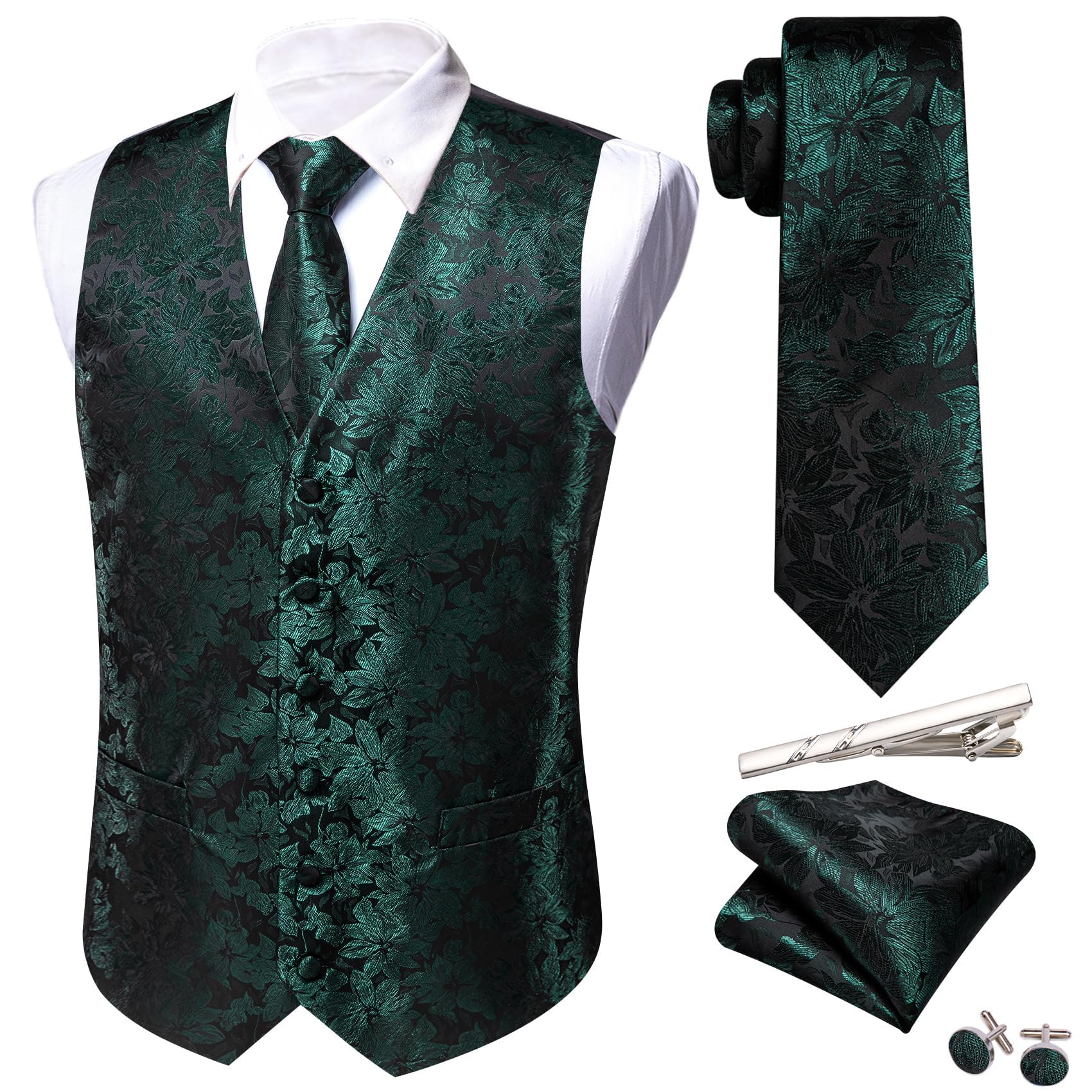Barry.Wang Mens Suit Vest Paisley Silk Jacquard Waistcot Ties Set Formal/Leisure 6PCS, Large