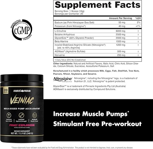 Miniatura 5 de Anabolic Warfare Veiniac - Suplemento activador de bomba muscular sin estimulantes antes del entrenamiento con L-citrulina, betaína anhidra y AGMass