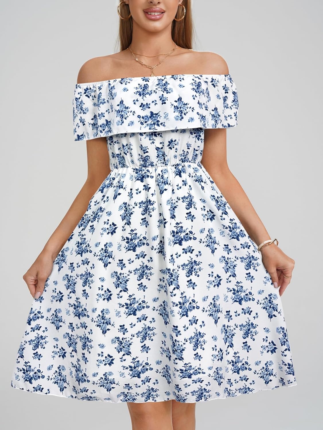 Womens Off Shoulder Ruffle Floral Wedding Guest Dresses A Line Shift Short Skater Dress - Image 5