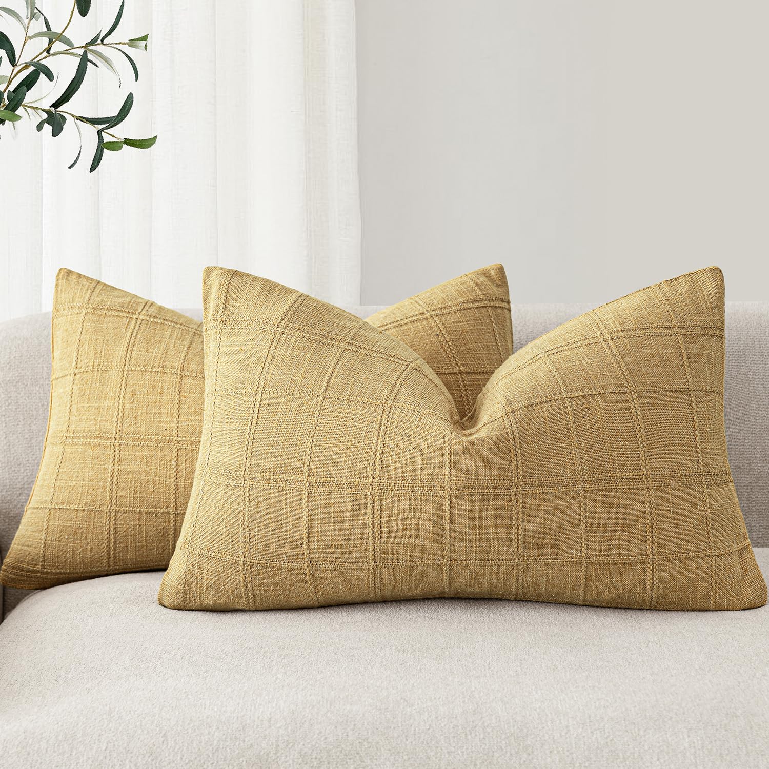 Foindtower Textured Linen Check Lumbar Throw Pillow Covers 12×20 Amber Gold