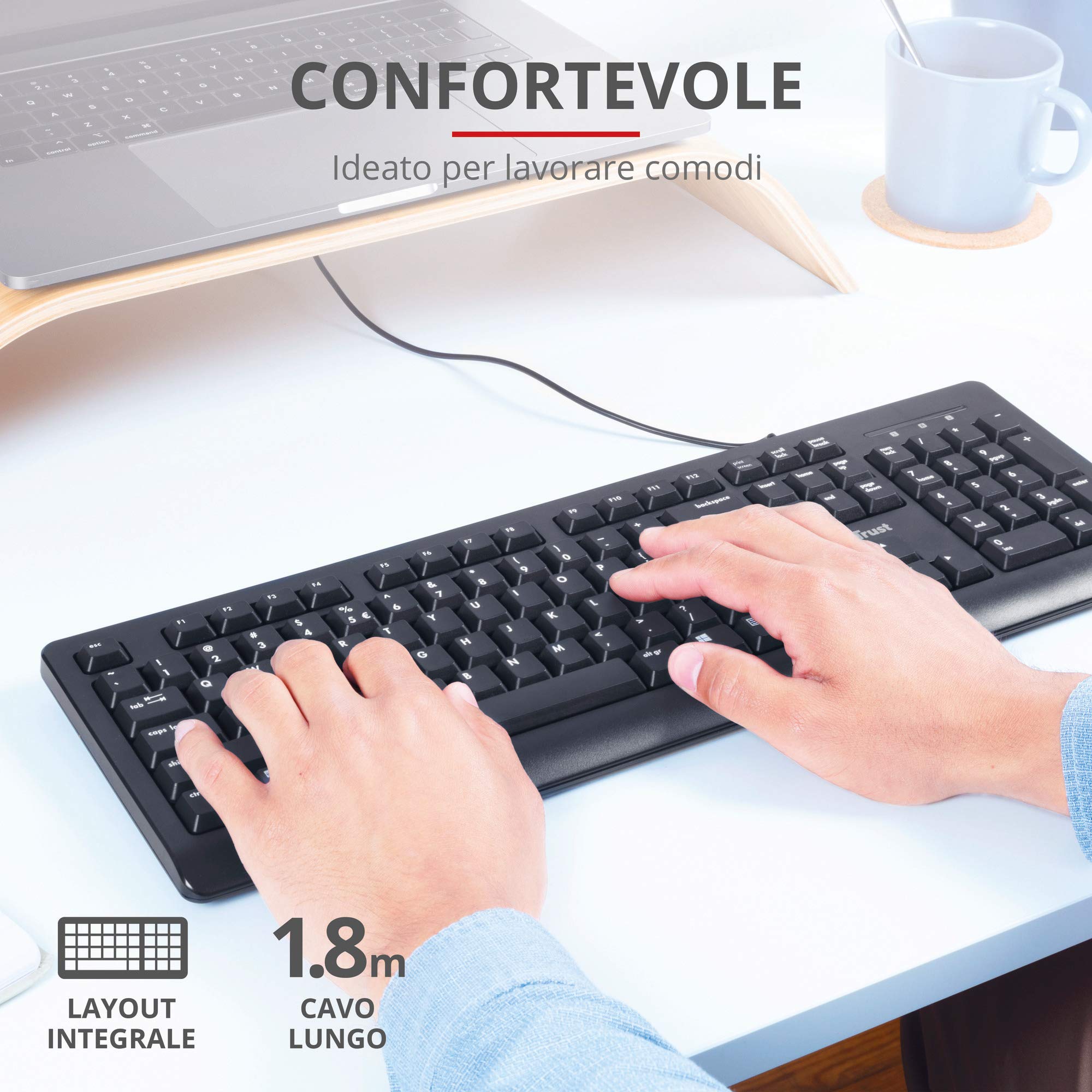 Trust Maxxon Gruppo di continuità (UPS) da 800 VA (UPS), Nero & Taro Tastiera USB Cablata, Layout Italiano QWERTY, Tastiera PC con Filo per Computer/Laptop