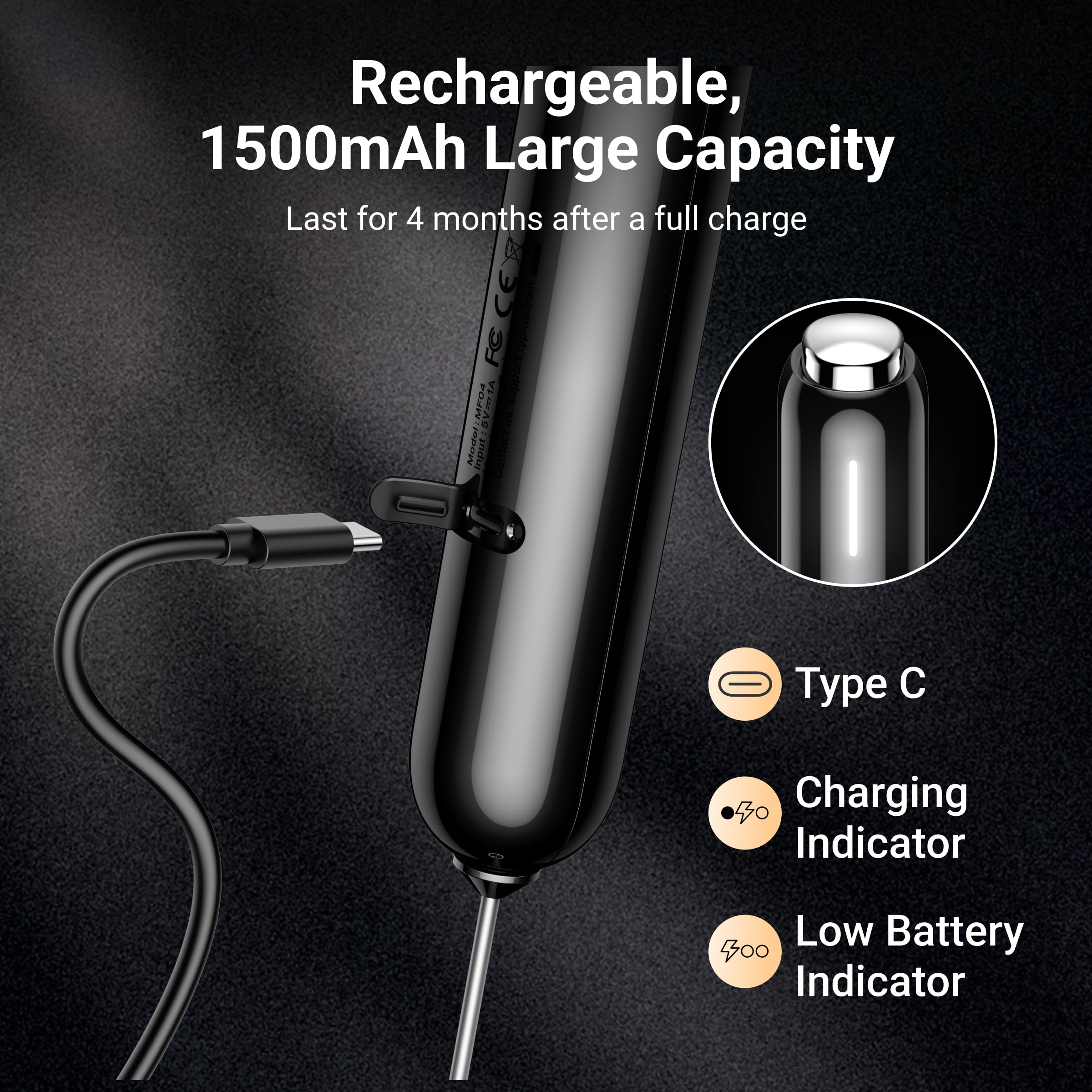 Typhur Mousseur à lait rechargeable avec support, baguette à café électrique portable et fouet en mousse pour latte, cappuccino, matcha, lait d'amande, milkshakes protéinés (3 fouets inclus)