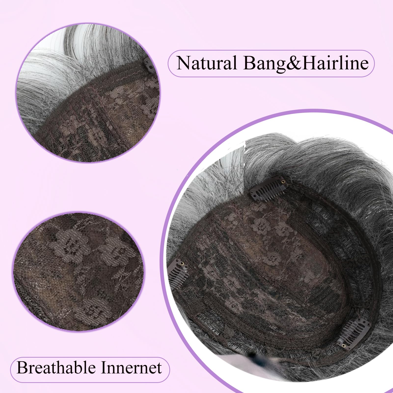 Hair Toppers Hair Short Bob Wig Topper 6.5x6.5 Inch Large Base Synthetic Hairpiece with Clip-in/Side Bangs Invisible Breathable Net 360°3D Coverage for Extra Volume (Dimgrey) - Image 4