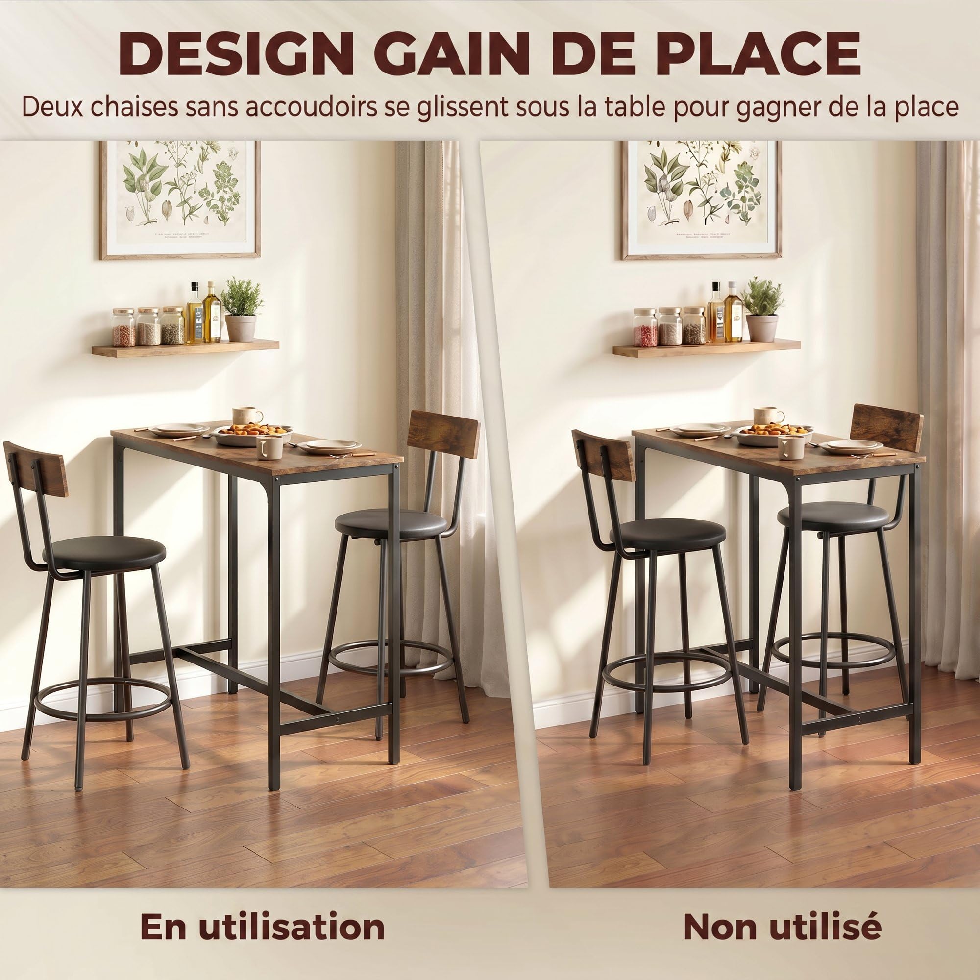HOMCOM Ensemble Table de Bar avec 2 Tabourets Repose-Pieds PU Marron