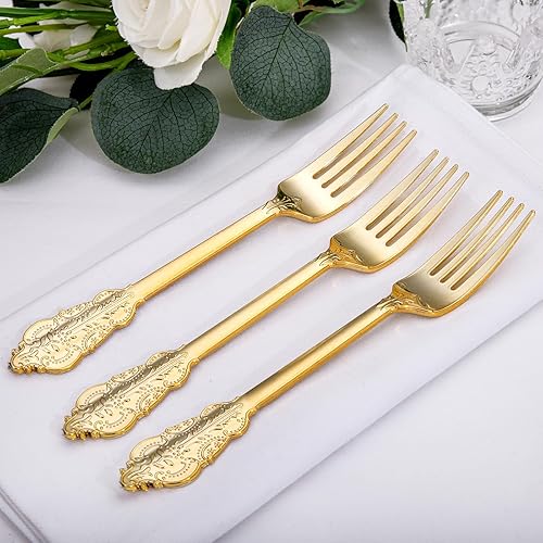 Miniatura 2 de WDF 100 tenedores dorados desechables  Tenedores de plástico dorado de 7.48 pulgadas  cubiertos de plástico dorado barroco para pastel de postre