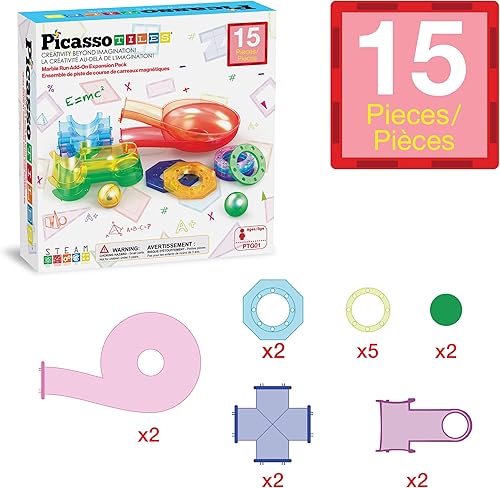 Miniatura 3 de PicassoTiles Paquete de expansión de 15 piezas de mármol magnético para bloques de construcción de azulejos magnéticos, kit de juguetes de