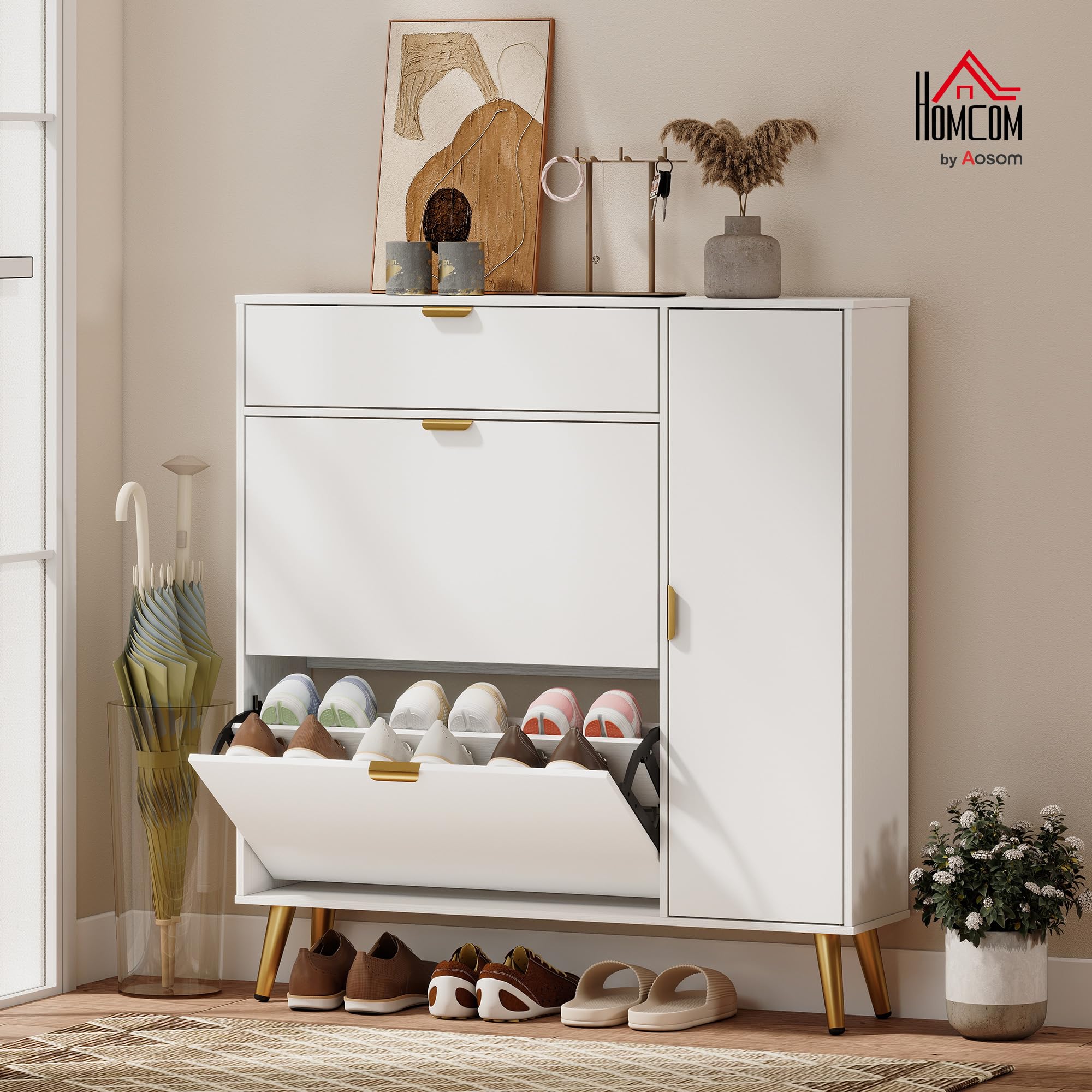 HOMCOM Scarpiera Salvaspazio Slim con Ante a Ribalta Effetto Pelle e Armadietto, Scarpiera Ingresso con Ripiani Regolabili, Base Rialzata, Porta Scarpe per 12 Paia con Maniglia, Bianco