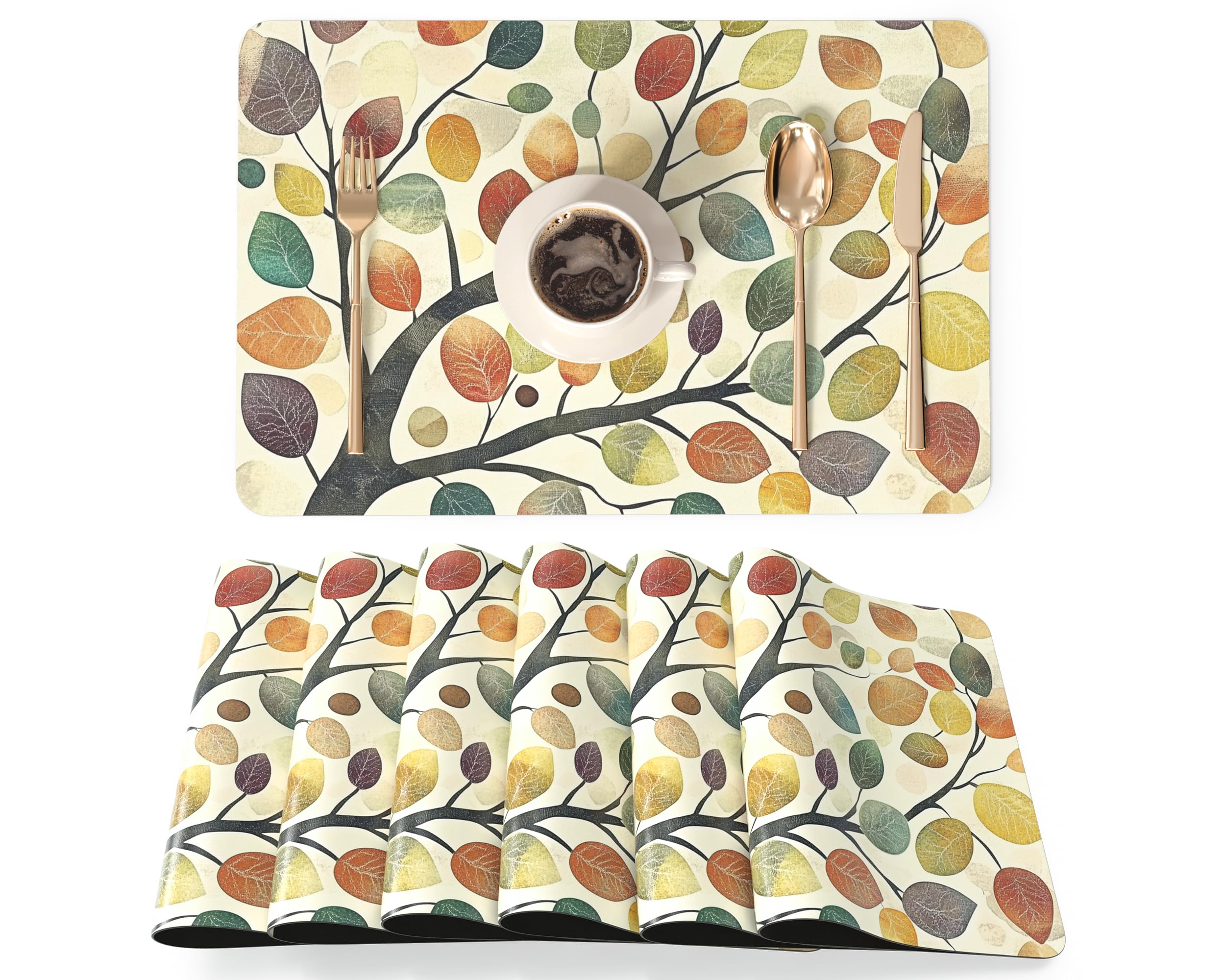 QIYI Faux Leather Placemats, Set of 6, Waterproof Oil-Proof Heat-Resistant PU Table Mats for Kitchen, Dining, Indoor & Outdoor Use, 45×30cm, Colorful Tree of Life