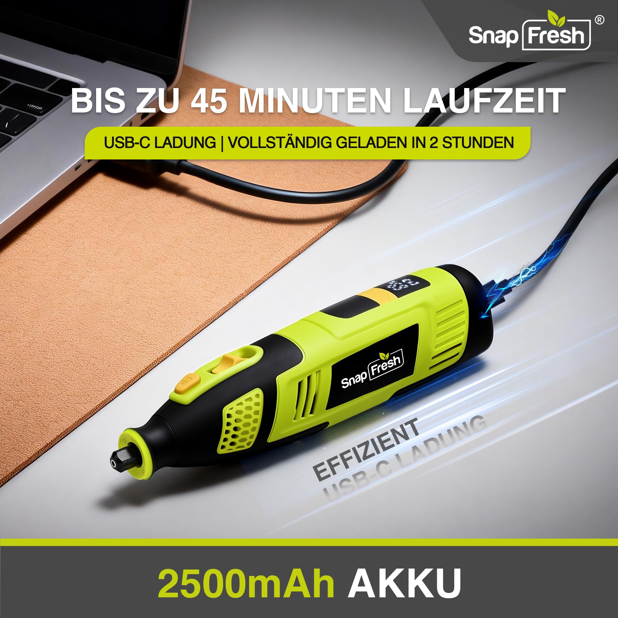 SnapFresh Akku-Rotationswerkzeug 12V Set mit 111 Zubehörteilen, variable Drehzahl 5.000–32.000 U/min, digitales Display & Drehzahlspeicher, zum Schleifen, Gravieren, Polieren & Bohren