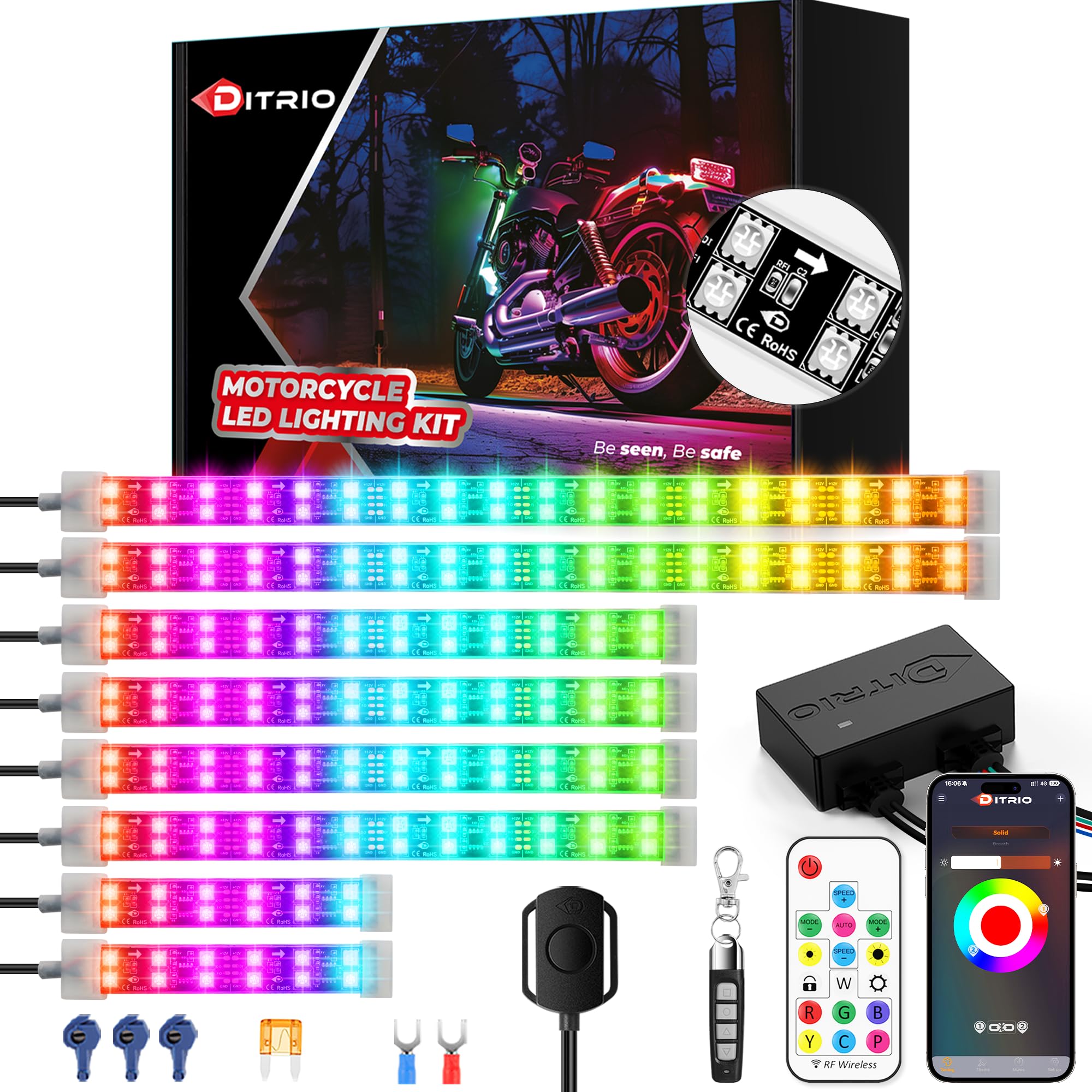 8PCS Double Row Motorcycle Lights with Brake Turn Signal, APP/RF Remotes