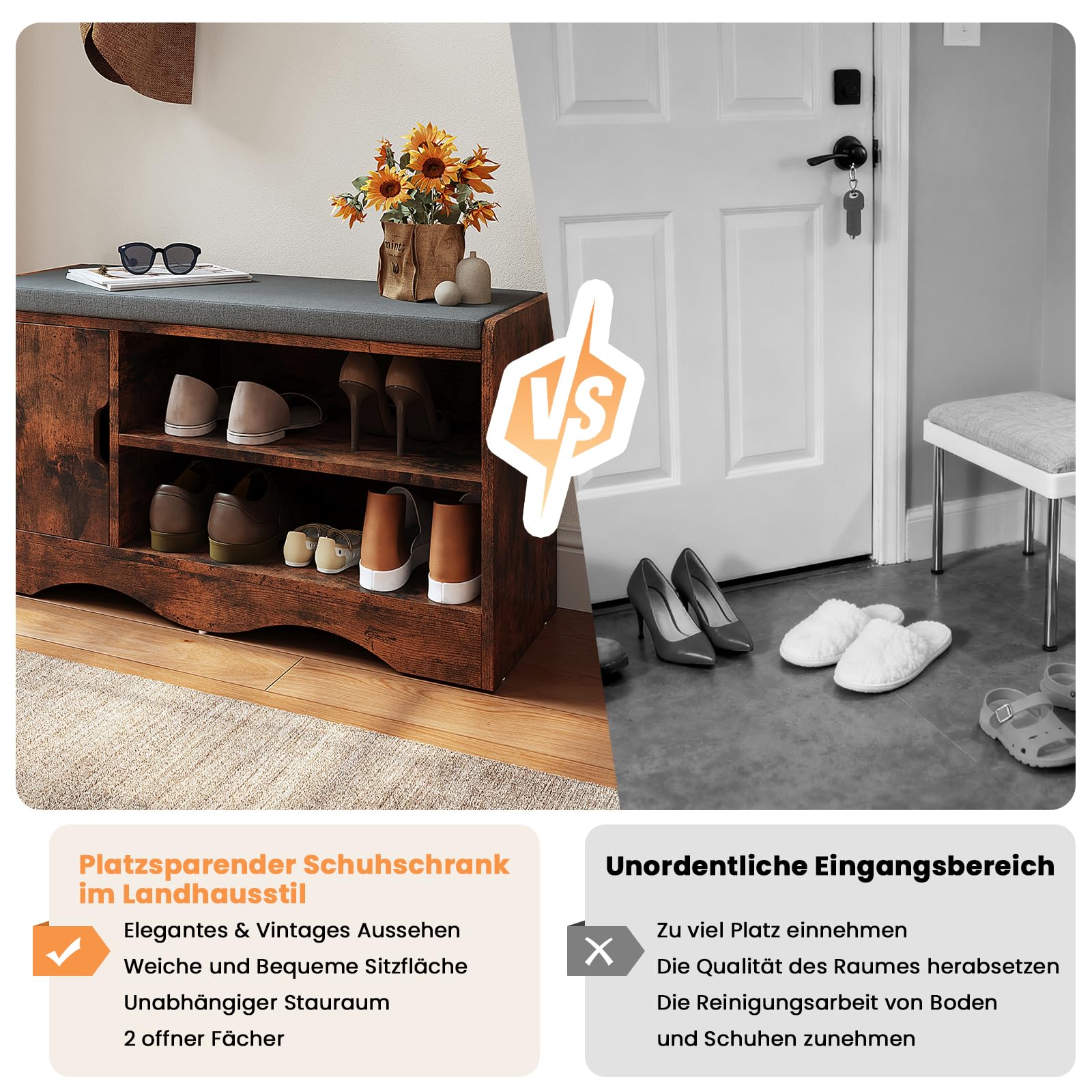 OC Orange-Casual Schuhbank, Schuhregal mit Stauraum&Sitzfläche, Schuhschrank mit 2 offene Fächern&Tür, bis zu 150 kg belastbar, eigenet Sich für Flur, Wohnzimmer, Büro, Braun