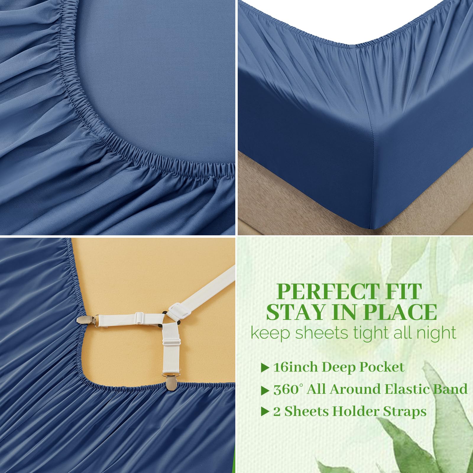 YIYEA Sábanas de bambú tamaño matrimonial – Juego de sábanas de viscosa de bambú 100 % orgánico con 2 correas de soporte, bolsillo profundo de 40.6 cm, ultra suaves, transpirables y refrescantes para