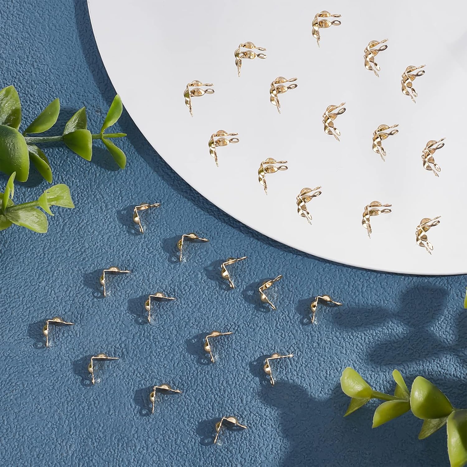 Beebeecraft 1 Box 200Pcs Bead Tips Knot Covers 18K Gold Plated Brass Clamshell Crimp Bead Tips Fold-Over Open End Caps for Jewelry Making DIY Bracelet Necklace Findings (3mm Cup, 1mm Hole) - Image 4