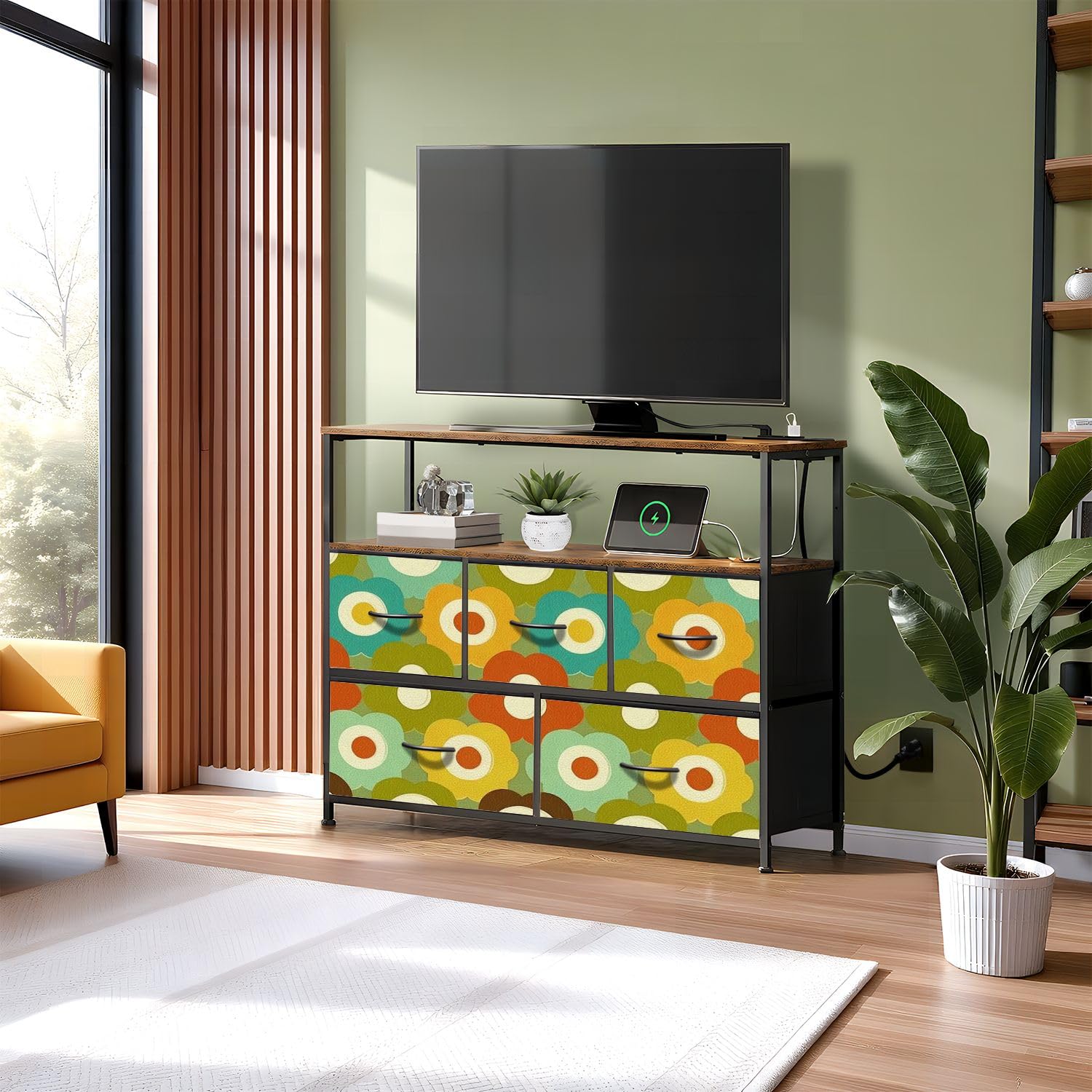 VETEB Dresser 70s Retro 60s 70s Aesthetic Style for Chest of Drawers with Power Oulet 5 Drawer Dressers with Wood Shelves TV Stand : Home & Kitchen