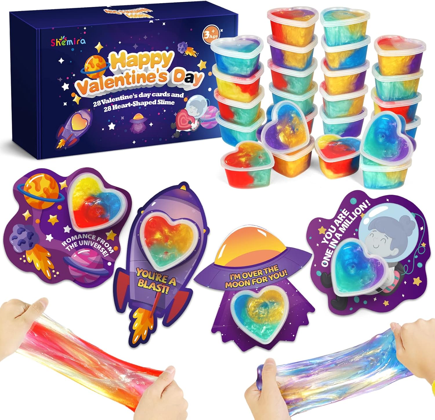 Valentines Day Cards for Kids- 28 Set of Heart Shape Galaxy Slime Toys and Cards Bulk for Valentine Exchange Gifts, Perfect School Classroom Valentines Party Favors,Valentine's Events and Prizes