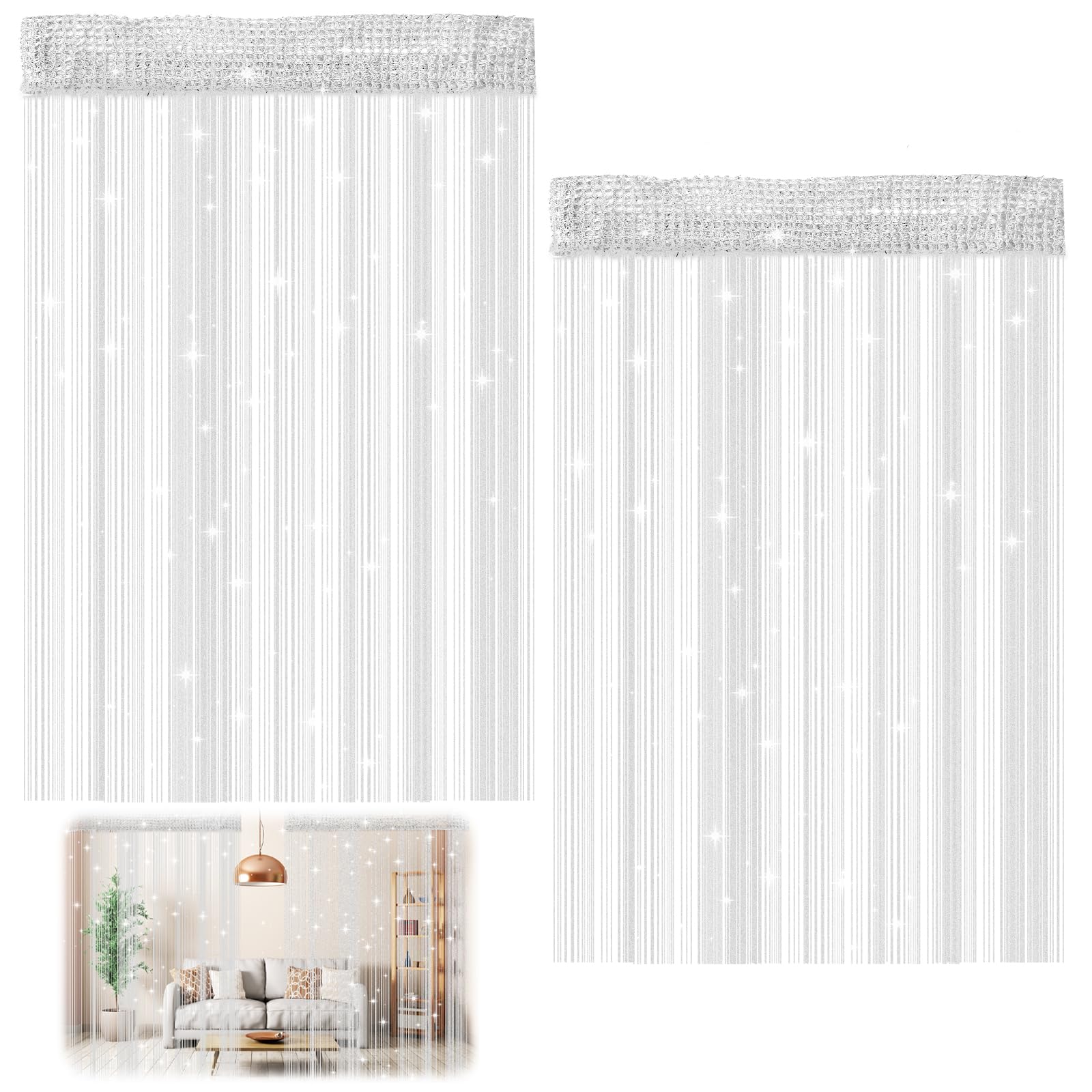 DAWRIS Set 2 Tende A Fili Con Brillantini - 100x200cm Grigio Argento Per Porte - Foto 7