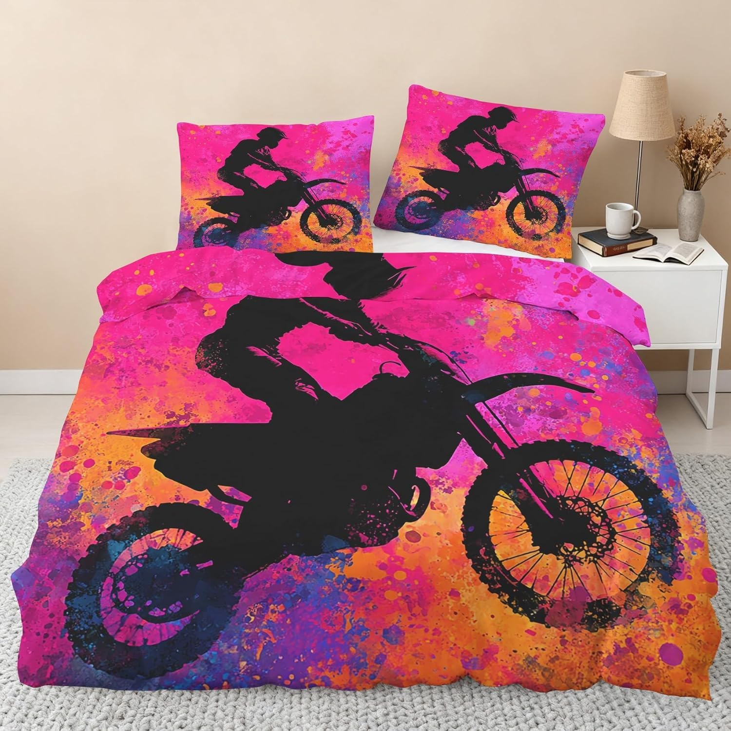 Housse de Couette Moto 260x240 cm avec 2 Taies Parure de Lit Ado Microfibre