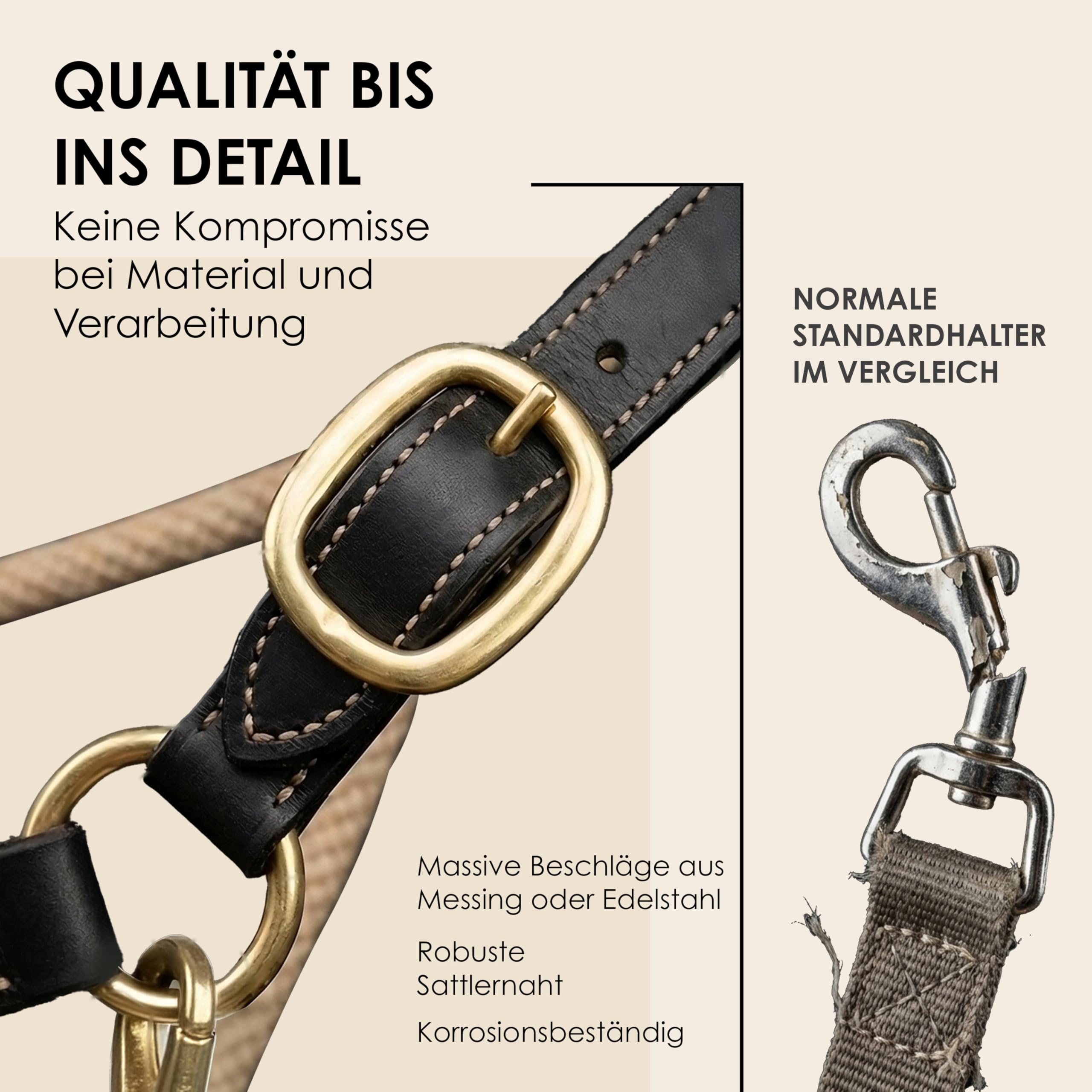 Halfter für Pferde aus Leder – hochwertiges Pferdehalfter für Bodenarbeit & Training – mit Rope-Nasenstück & Metallbeschlägen – Halfter Pony, COB, Full – Schwarz/Beige (Edelstahl, Pony)