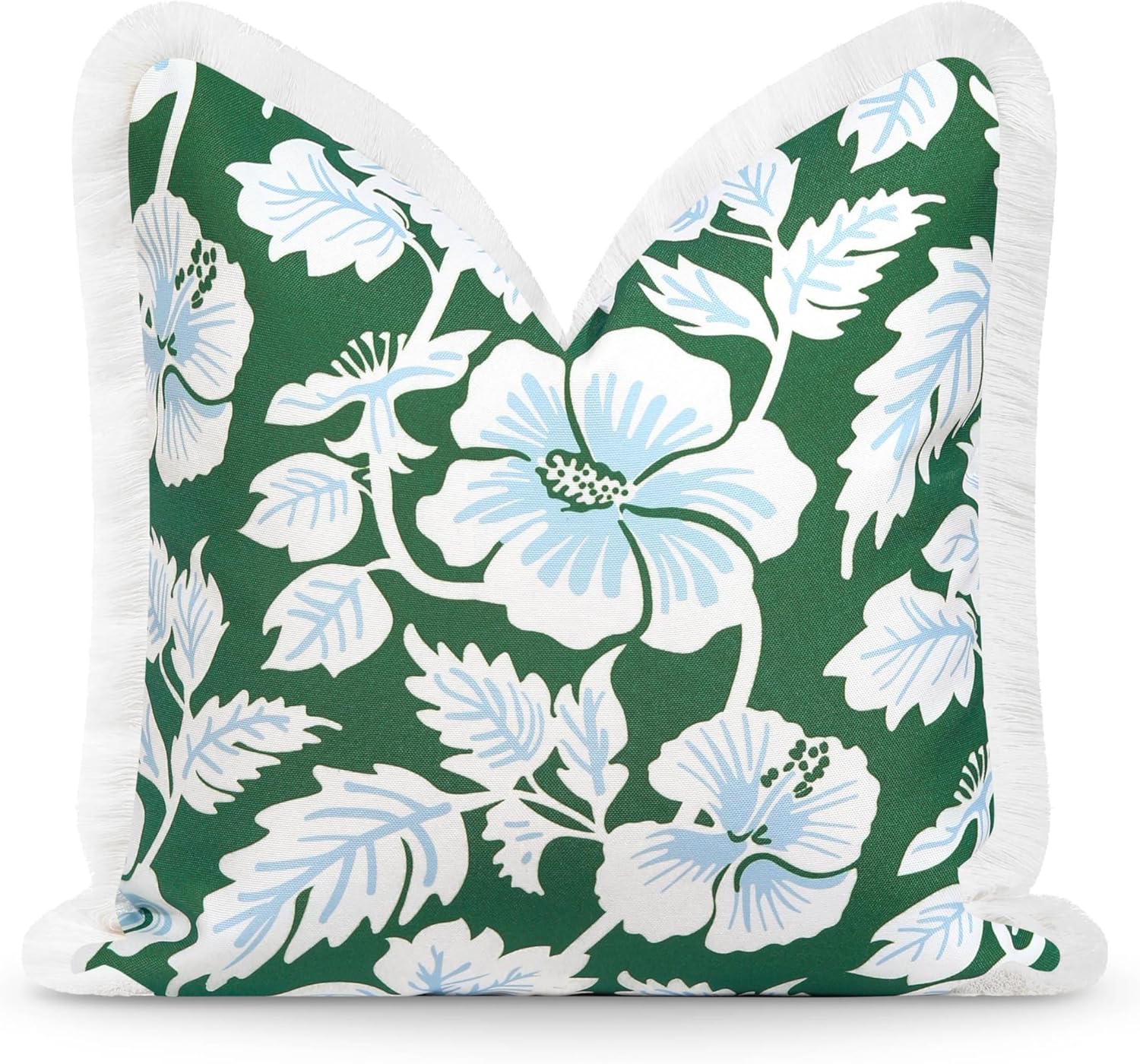 Hofdeco Premium Coastal Patio Indoor Outdoor Throw Pillow Cover Only, 20"x20" Water Repellent for Backyard, Couch, Green Baby Blue Print Tropical Hisbucs Flowers