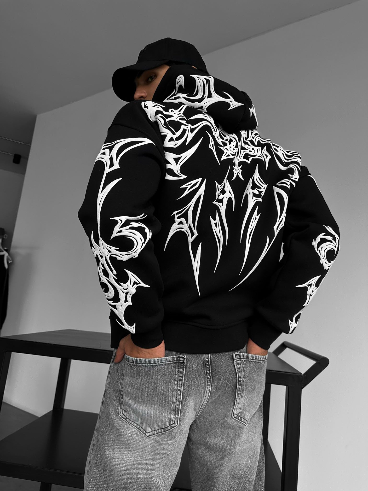 Oversize Mafia Tribal Hoodie - Black