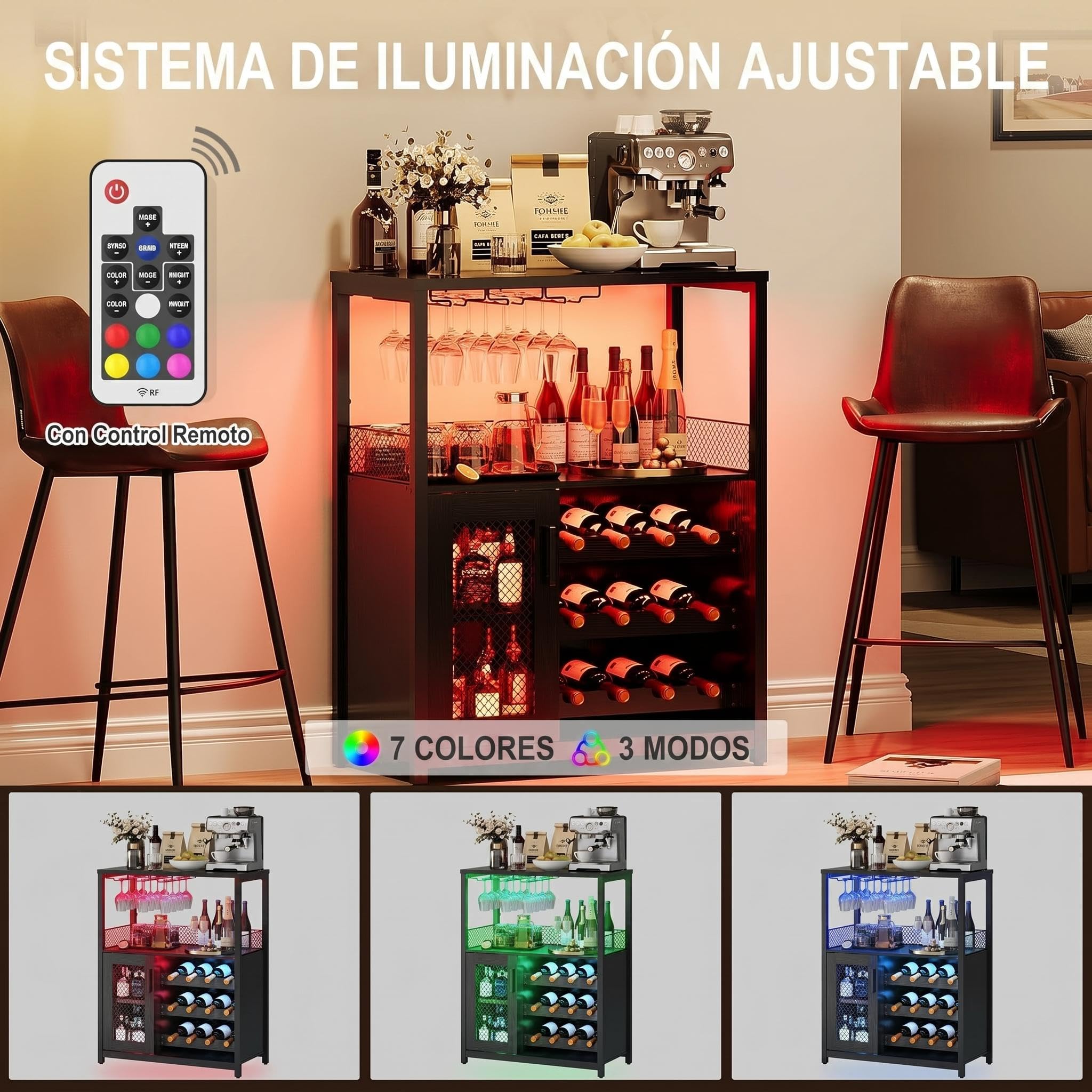 Garvee Armario para Vino Industrial con LED, Mueble Bar con Estante Ajustable 12 Botellas, Soporte para Copas, Puerta de Vidrio y Rejilla Metálica, para Cocina, Comedor o Salón, Negro 69 x 35 x 92 cm