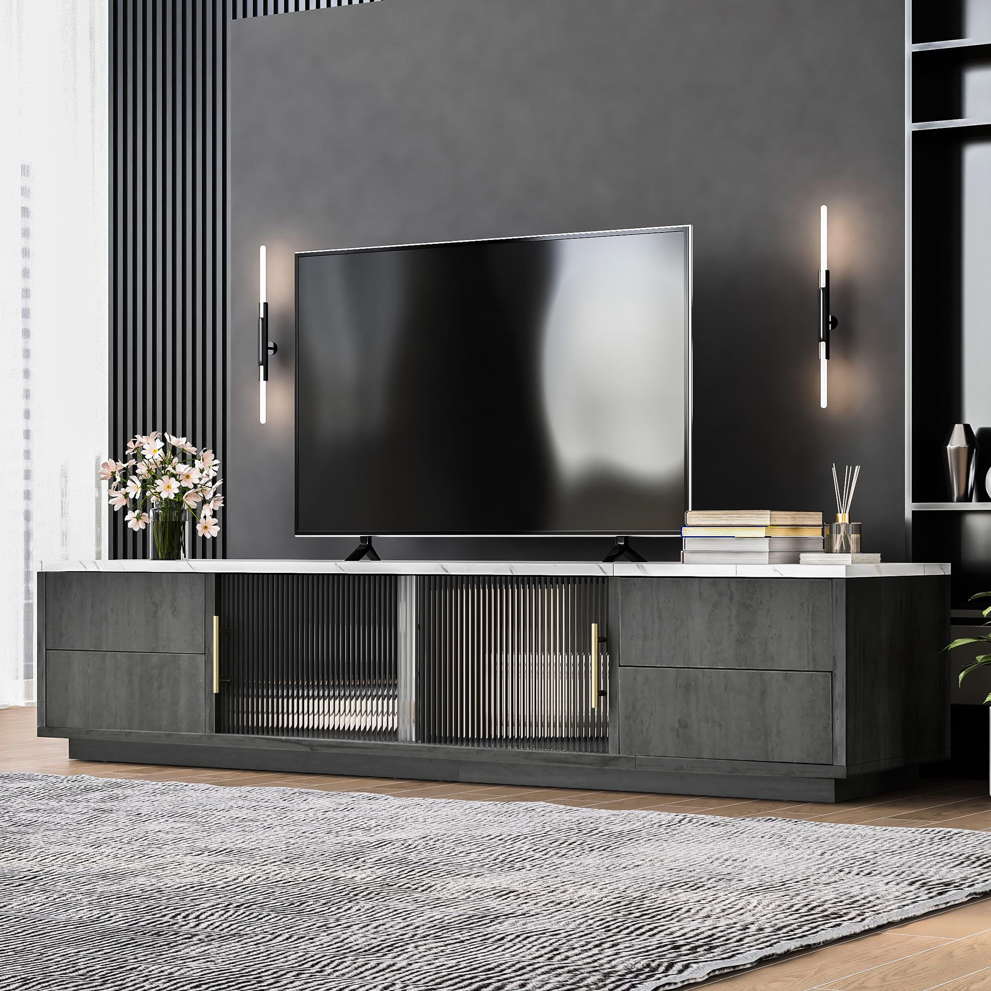 Nowoczesny stojak na telewizor z szarego marmuru 160 cm do telewizorów 177.8 cm stylowa szafka dolna z 4 szufladami i otwieranymi szklanymi drzwiami, elegancka konsola multimedialna, wzór Riffelglas