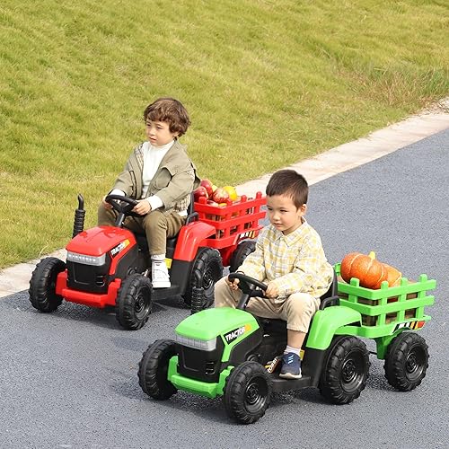 Miniatura 9 de TOBBI Tractor eléctrico de juguete para niños, 12 V, funciona con batería, vehículo de remolque motorizado con motor dual de 35 W, 6 ruedas, 3