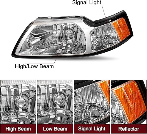 Miniatura 3 de JSBOYAT Repuesto de montaje de faros delanteros para Ford Mustang 1999-2004 con carcasa cromadanegra - lado del pasajero y del conductor, Cromado