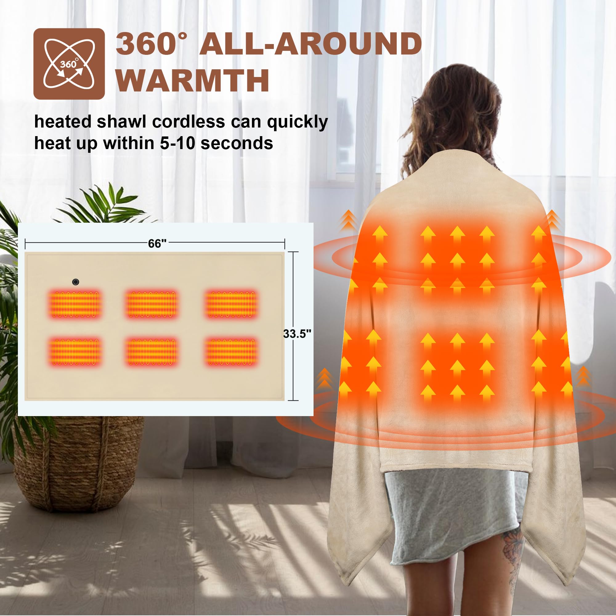 Heizdecke Kabellos mit 10000mAh Akku, 160x90cm Elektrische Flanell Wärmedecke Tragbar für Damen & Herren, 3-Stufen-Heizung, Waschbar für Zuhause, Büro, Camping, Khaki