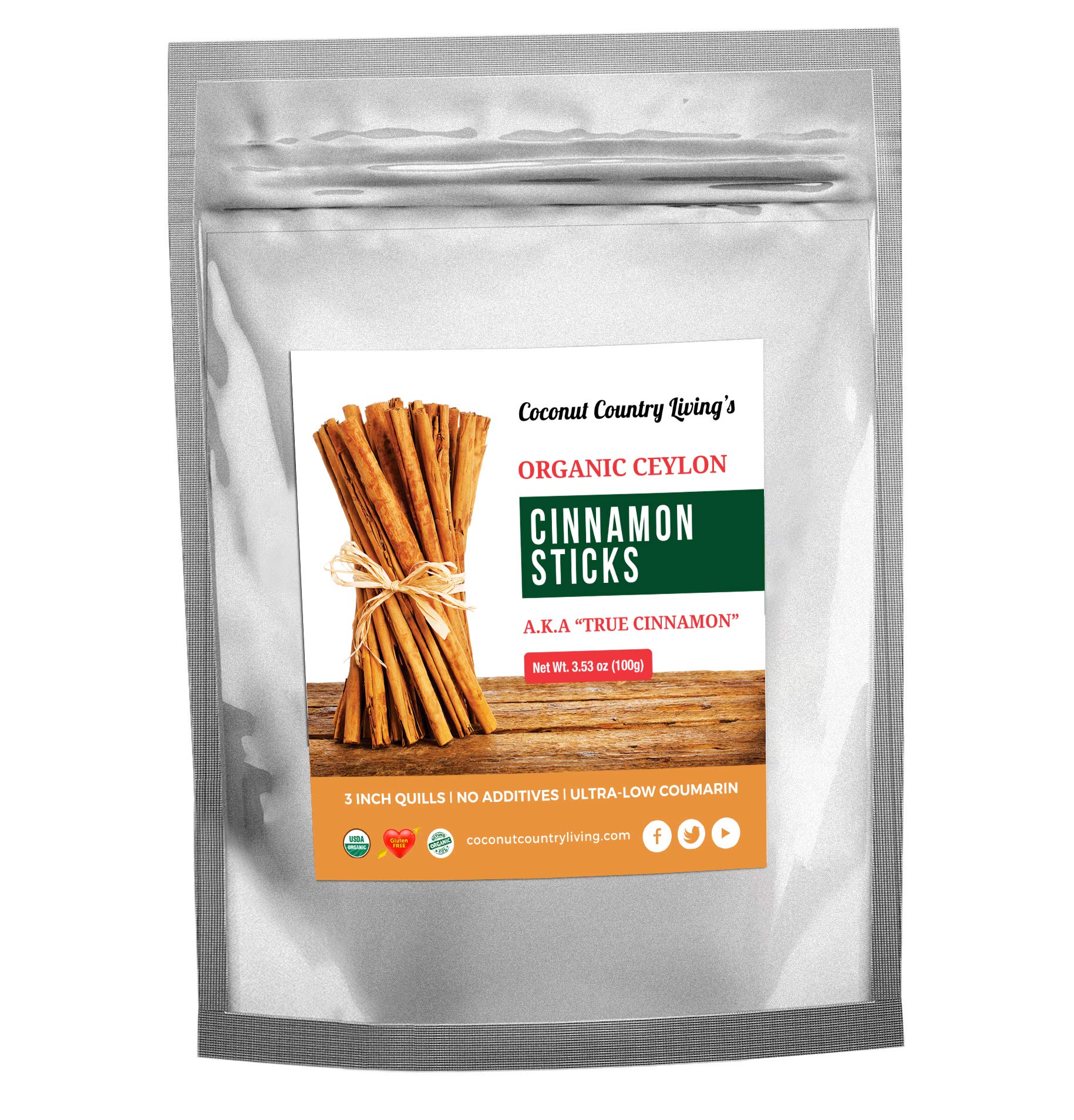 Organic Ceylon Cinnamon Sticks - 3.5 oz- Fair Trade Sourced Whole 3" Organic Cinnamon Quills of True Cinnamon Subtly Sweet - Gluten-Free, Soy-Free, Peanut Free, non-GMO - Request Complimentary eBook of Tips