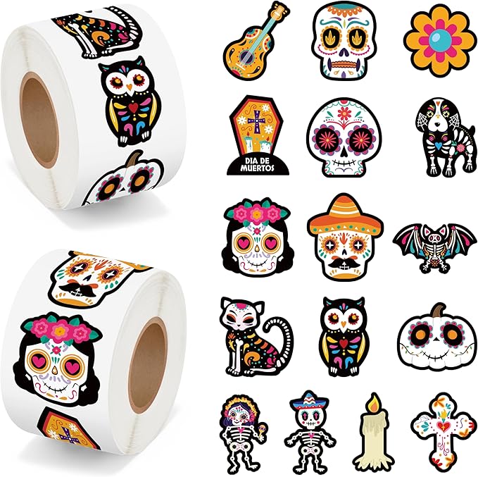 BeYumi Sugar Skull Roll Stickers - 1000Pcs Day of The Dead Stickers in 2 Rolls Dia de Los Muertos Sugar Skull Decals for Kids Halloween Mexican Festival Party Supplies Classroom Guitar Bottle Decor