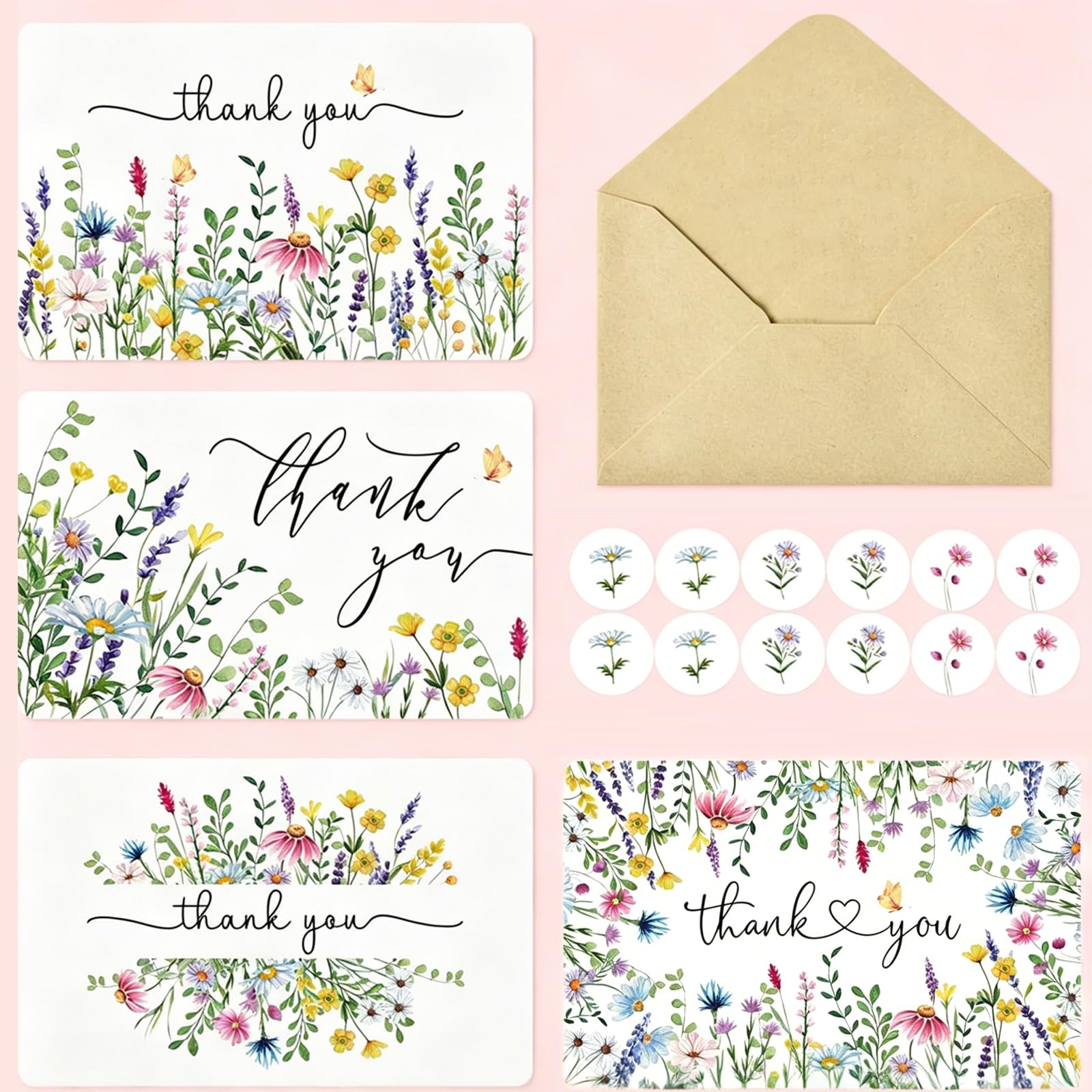 Thank You Cards with Envelopes and Stickers, 36 Blank Inside Thank You Cards Set, 300gsm Cardstock, Elegant Watercolor Floral Design for Wedding, Business, Appreciation Notes
