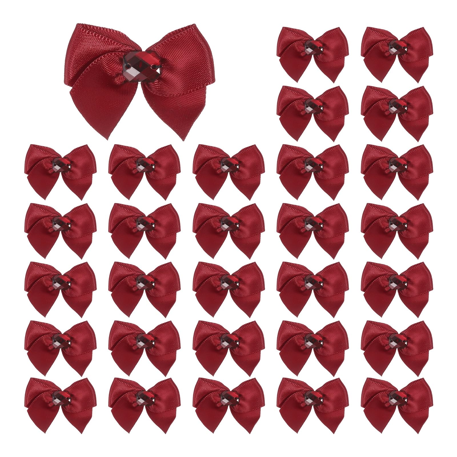 sourcing map 100Pcs Mini Satin Ribbon Bows with Rhinestones,1.38inch Mini Ribbon Flowers Appliques for DIY Christmas Wedding Decor Party Hair Sewing Candy Bags Scrapbooking Gift, Purple Red