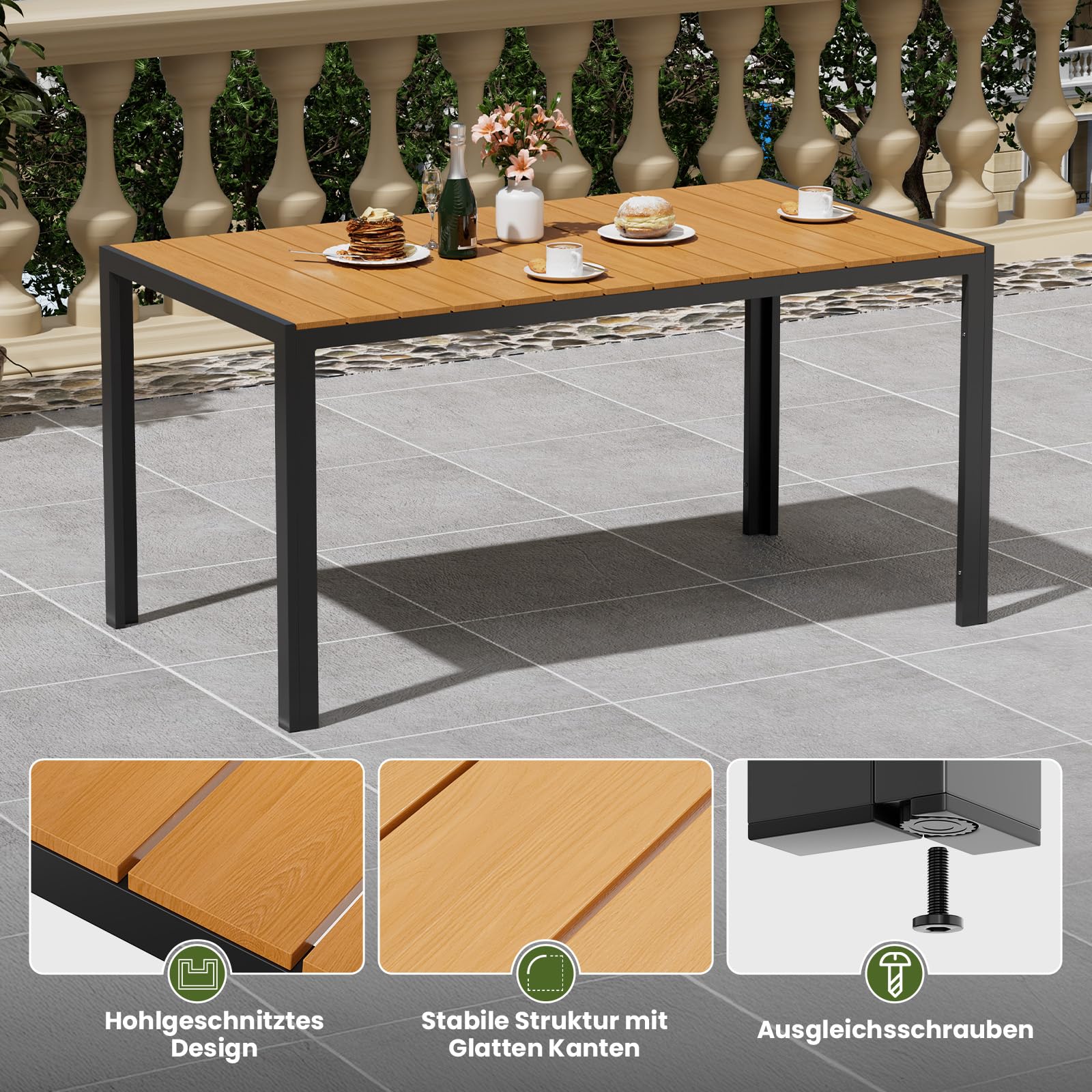 UDPATIO Gartentisch Wetterfest mit Aluminiumrahmen, 148 x 80 x 74 cm Outdoor WPC Tisch Holzmaserung-Finish, Balkontisch für 4-6 Personen,Garten,Terrasse,Teakbraun+Dunkelgrau