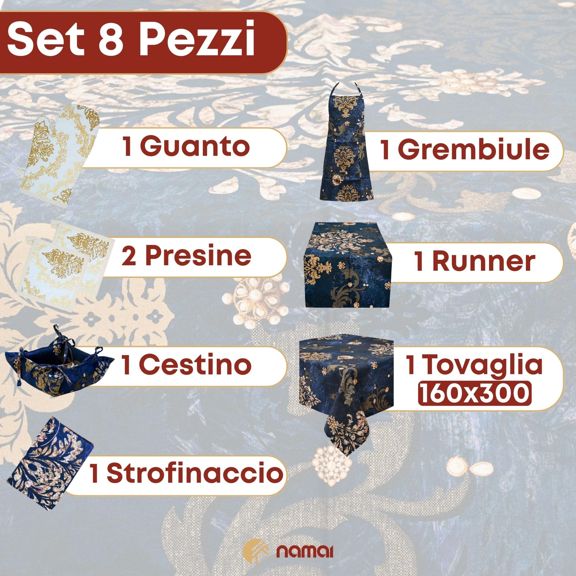 NAMAI - Set 8 Pezzi Danubio Blu, 100% Cotone, Lavabili in Lavatrice, Resistenti al Calore, Tovaglia Cotone 160x300, Runner Tavolo, Set Presine da Cucina e Strofinacci (Set Con Tovaglia 160x300)