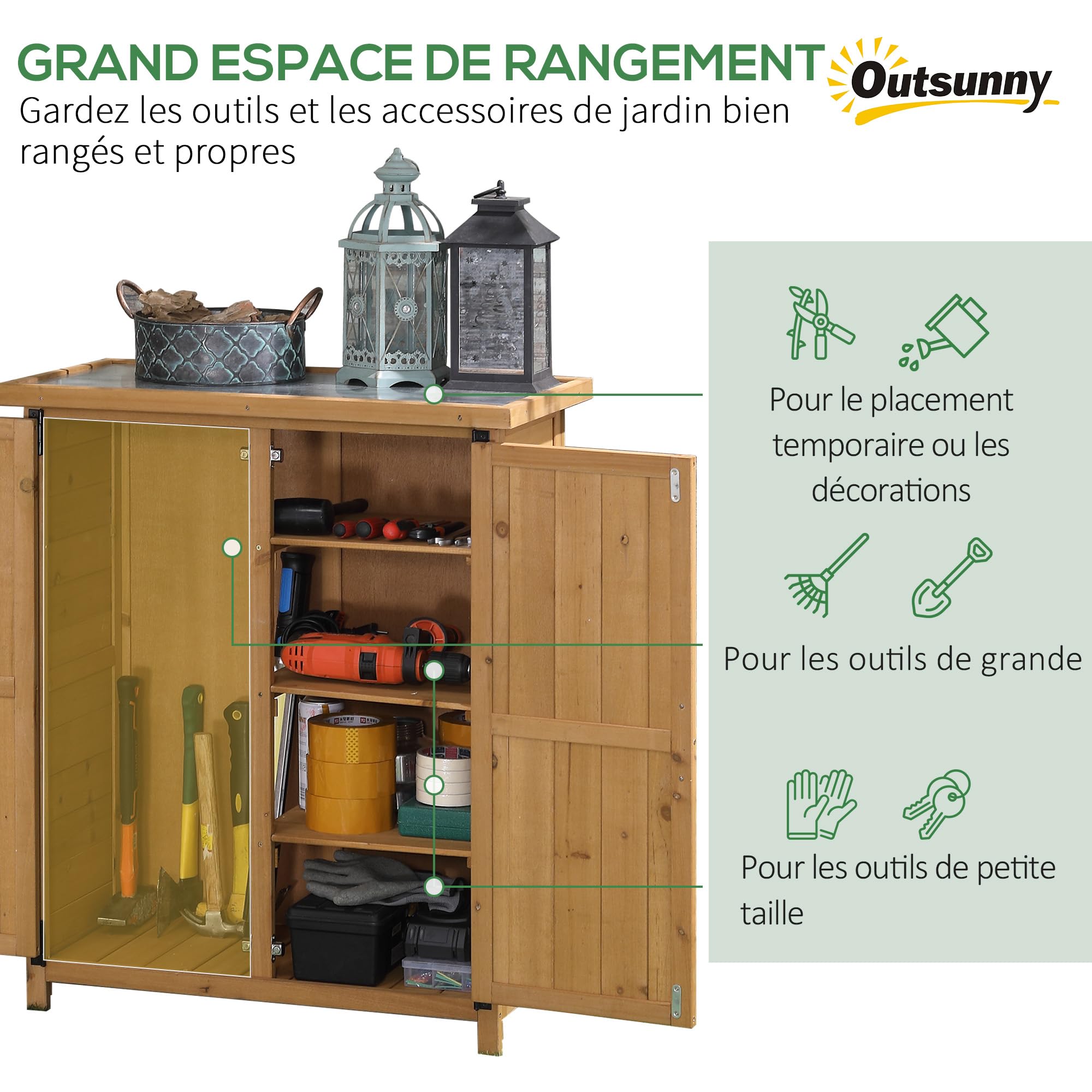 Outsunny Abri de Jardin Armoire de Jardin 75L x 40l x 90H cm 3 étagères 2 Portes Toit en Asphalte imperméable Bois de Sapin Jaune
