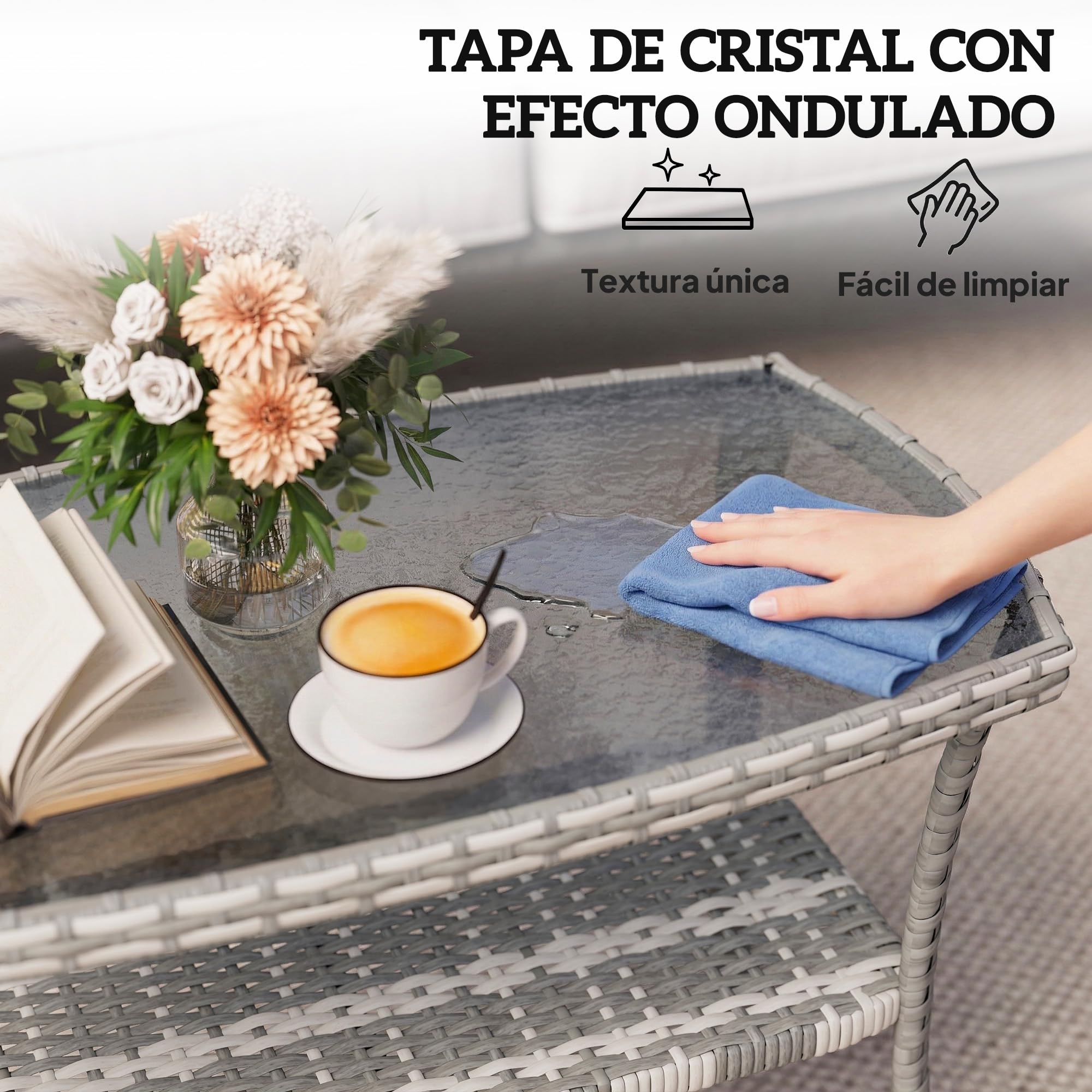 Outsunny Tavolo da giardino esterno in rattan con mensola, tavolino rettangolare da giardino, piano in vetro temperato con onde, struttura in acciaio, per terrazza, patio, 90 x 50 x 45 cm, grigio