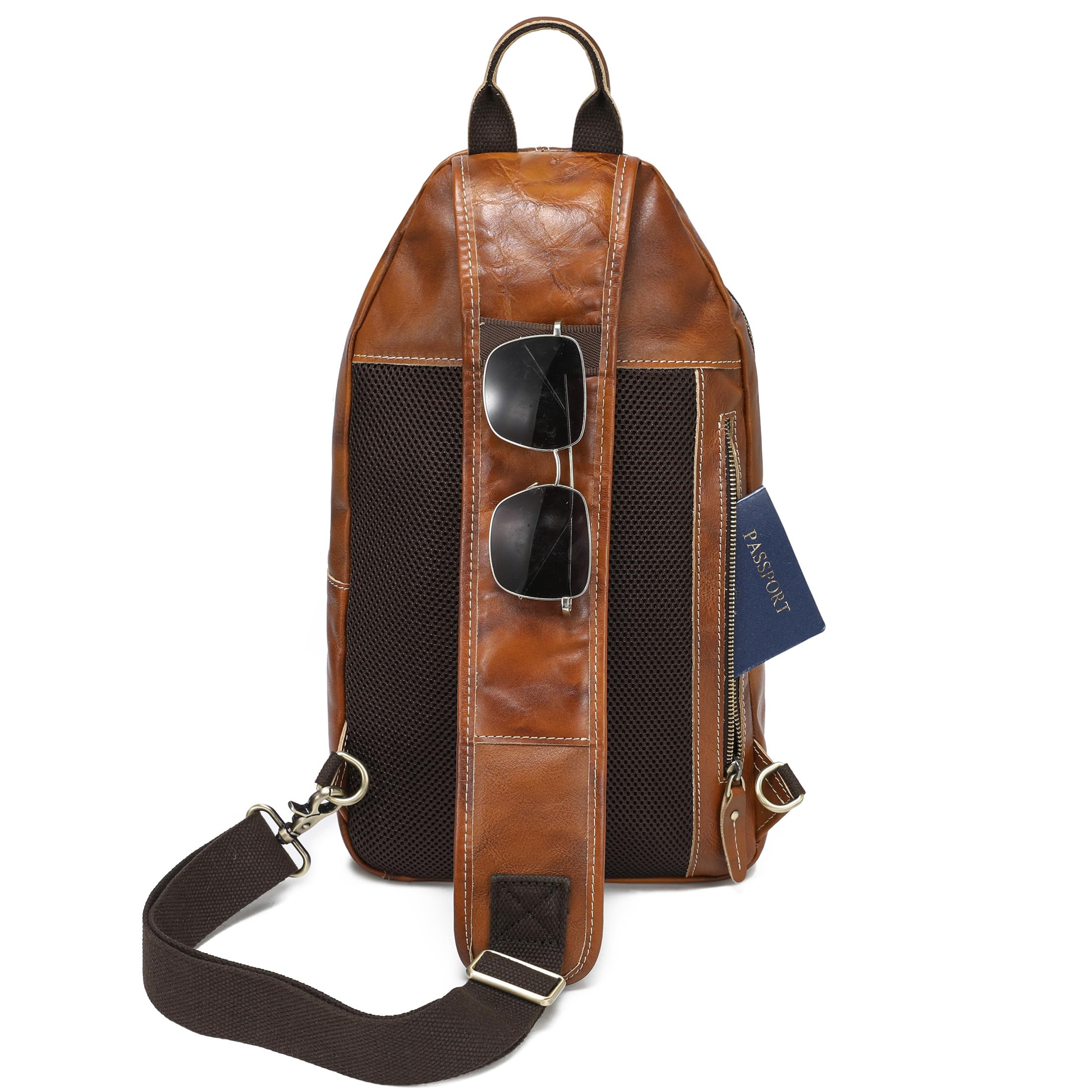 LANNSYNE Full Grain Leather Casual Sling Bag For Men Hiking/Travel/Business Crossbody Chest Bag Fits 12.9'' iPad'