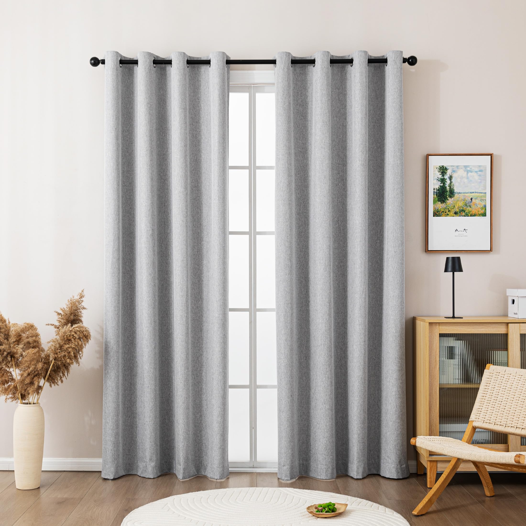 Sonive 100% Blackout Curtains Grey 2 Pcs Linen Blackout Curtains L 300×W 145cm 57×118 in Thermal Insulated & Noise Reducing, Long Curtains for Bedroom Living Room