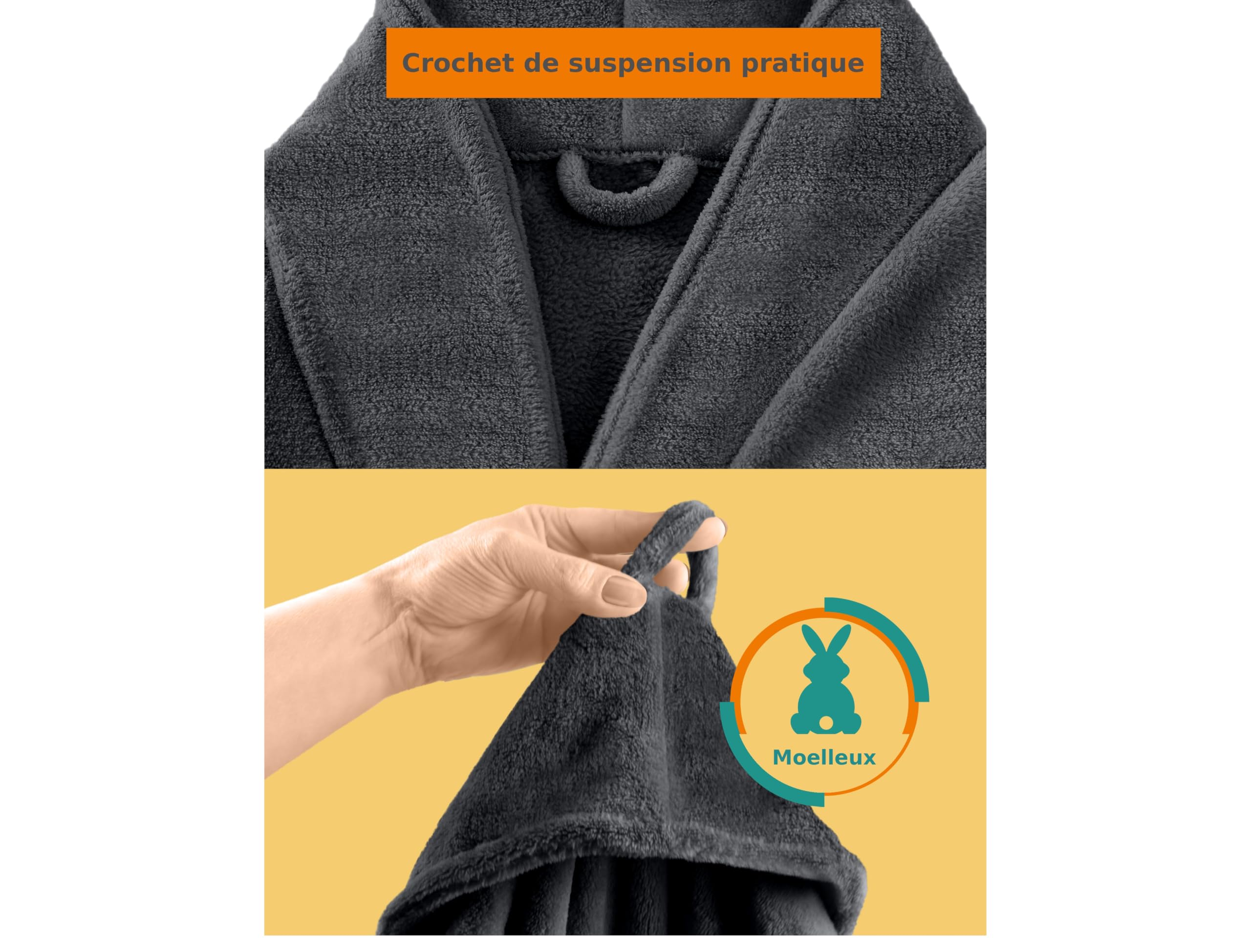 npluseins Peignoir de bain en polaire moelleuse avec col châle – Femme & Homme, XXL, Anthracite