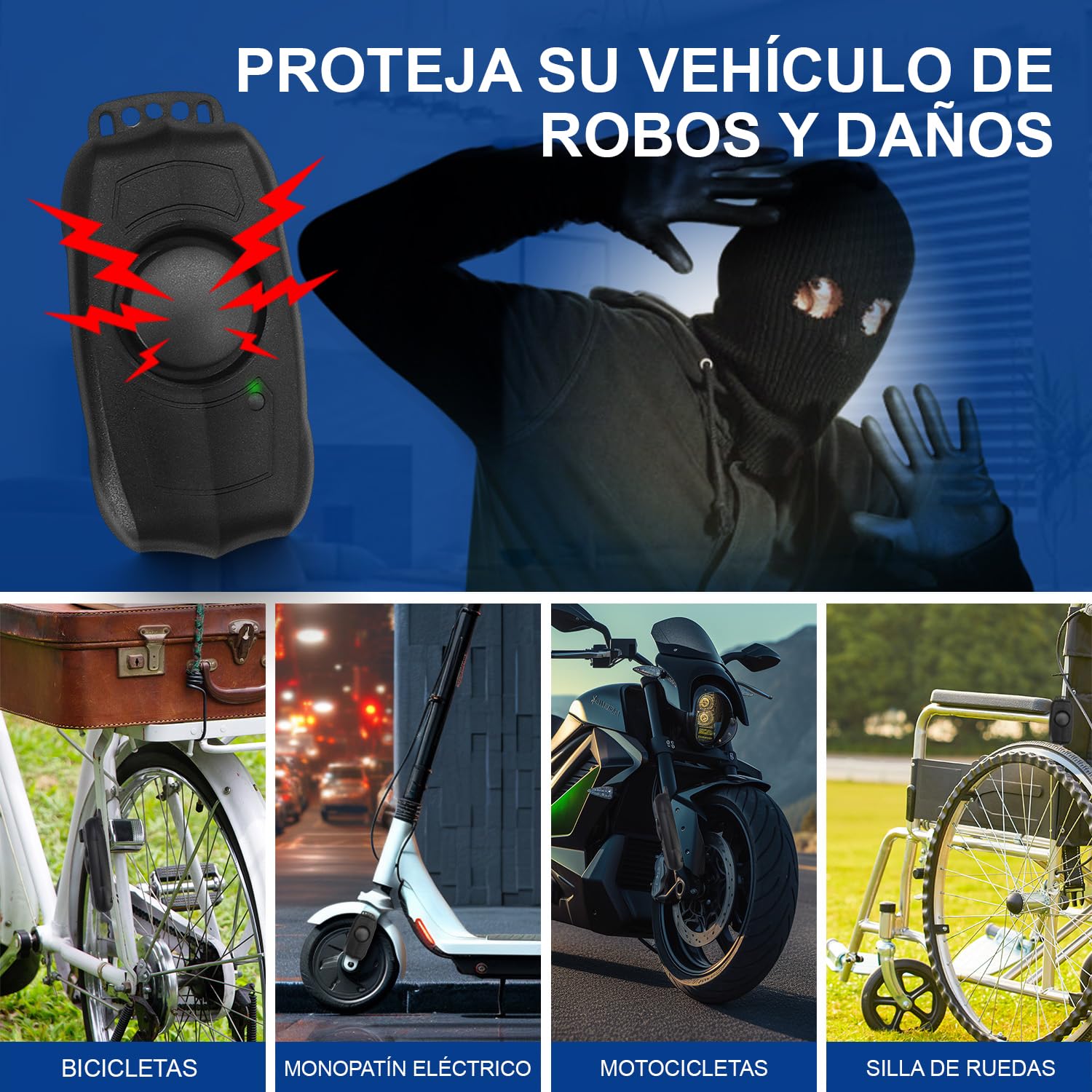 Alarma de bicicleta con mando a distancia, USB recargable, a prueba de agua antirrobo de vibración del sensor de movimiento de alarma, bicicleta eléctrica Scooter Motocicleta Super Fuerte Sonido 120dB