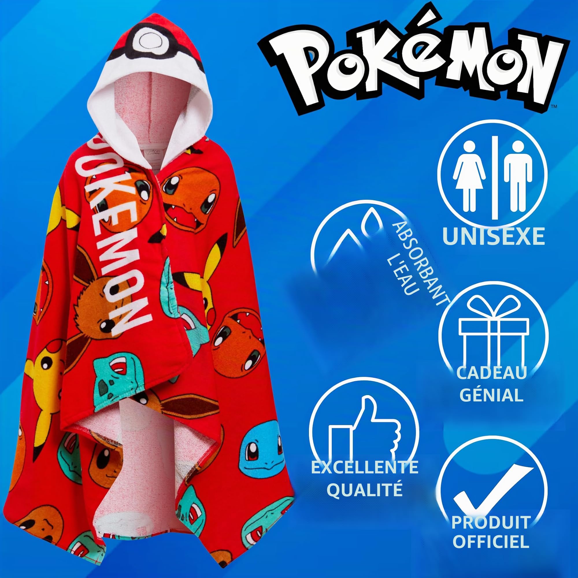 Pokémon Serviette à Capuche 100% Coton pour Enfants - Poncho Pokeball Pikachu - Serviette de Plage et Bain - Wrap à Langer