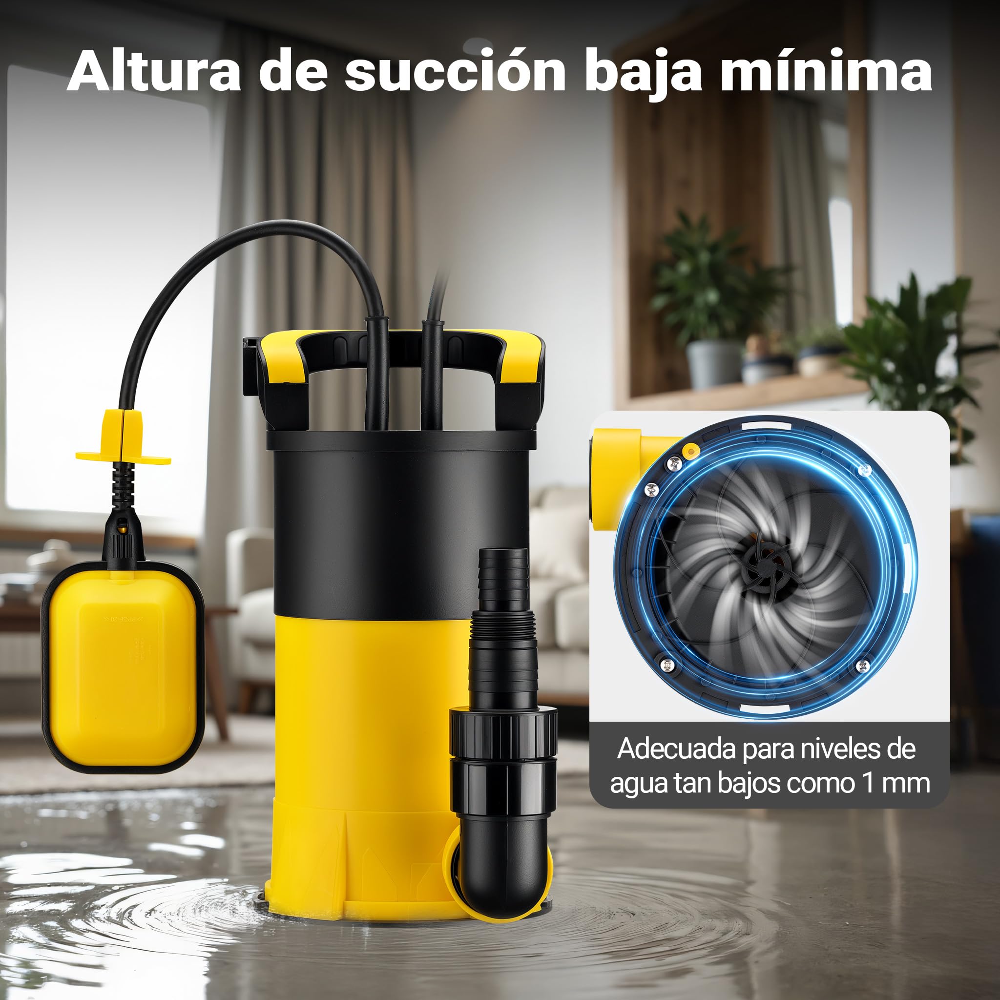 Wiltec Bomba sumergible 400W con flotador, caudal 8000 l/h, altura 5 m, nivel de aspiración 1 mm, anticorrosión para agua limpia