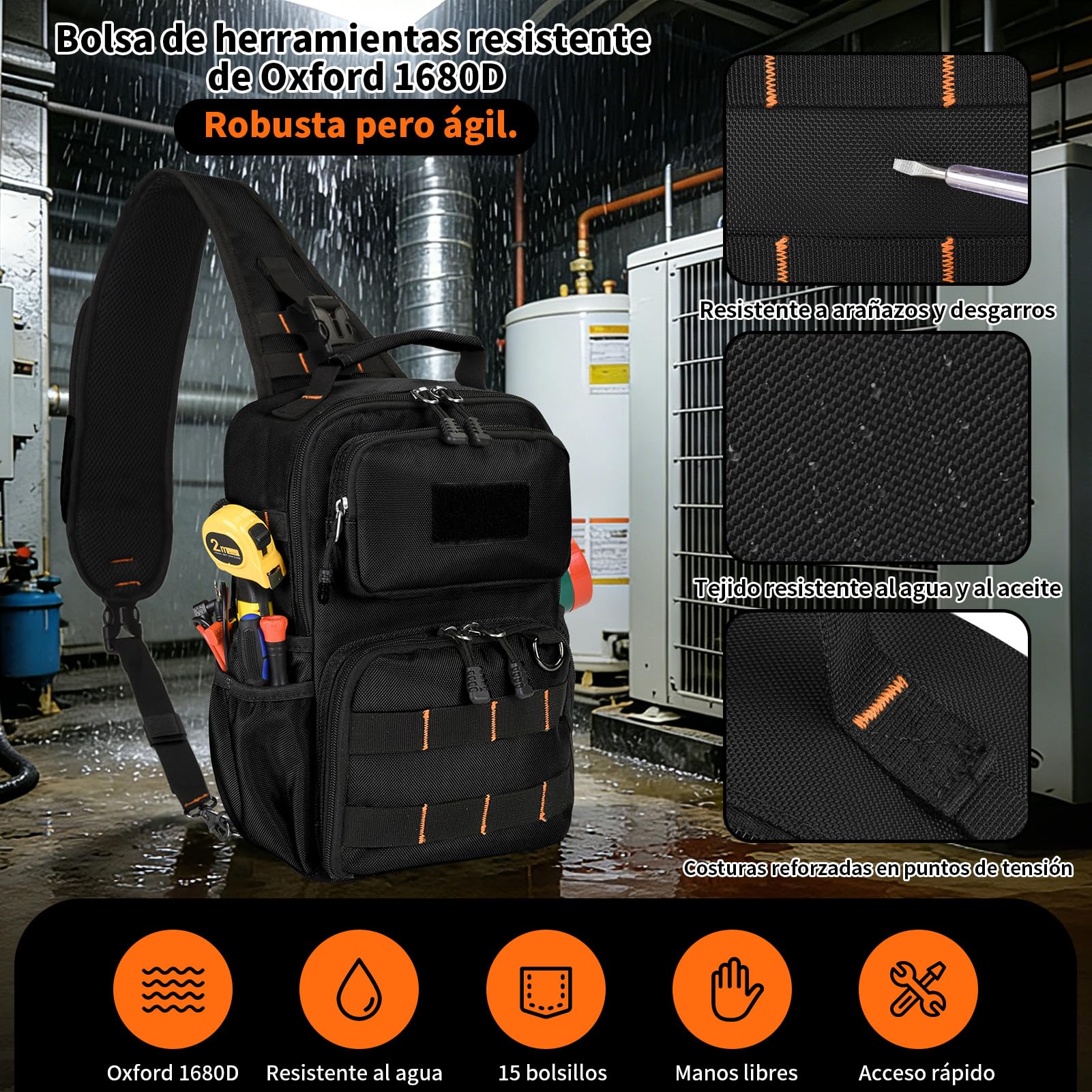 Bolsa de herramientas de pecho para electricista con correa Negro