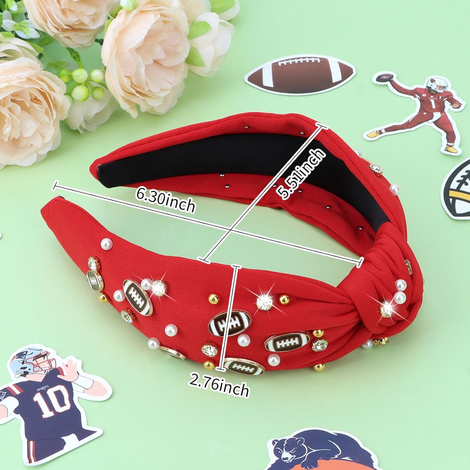 Football Headbands for Women Crystal Football Embellished Wide Top Knot Headband for Women Game Day Hair Accessories (Red) - Image 6