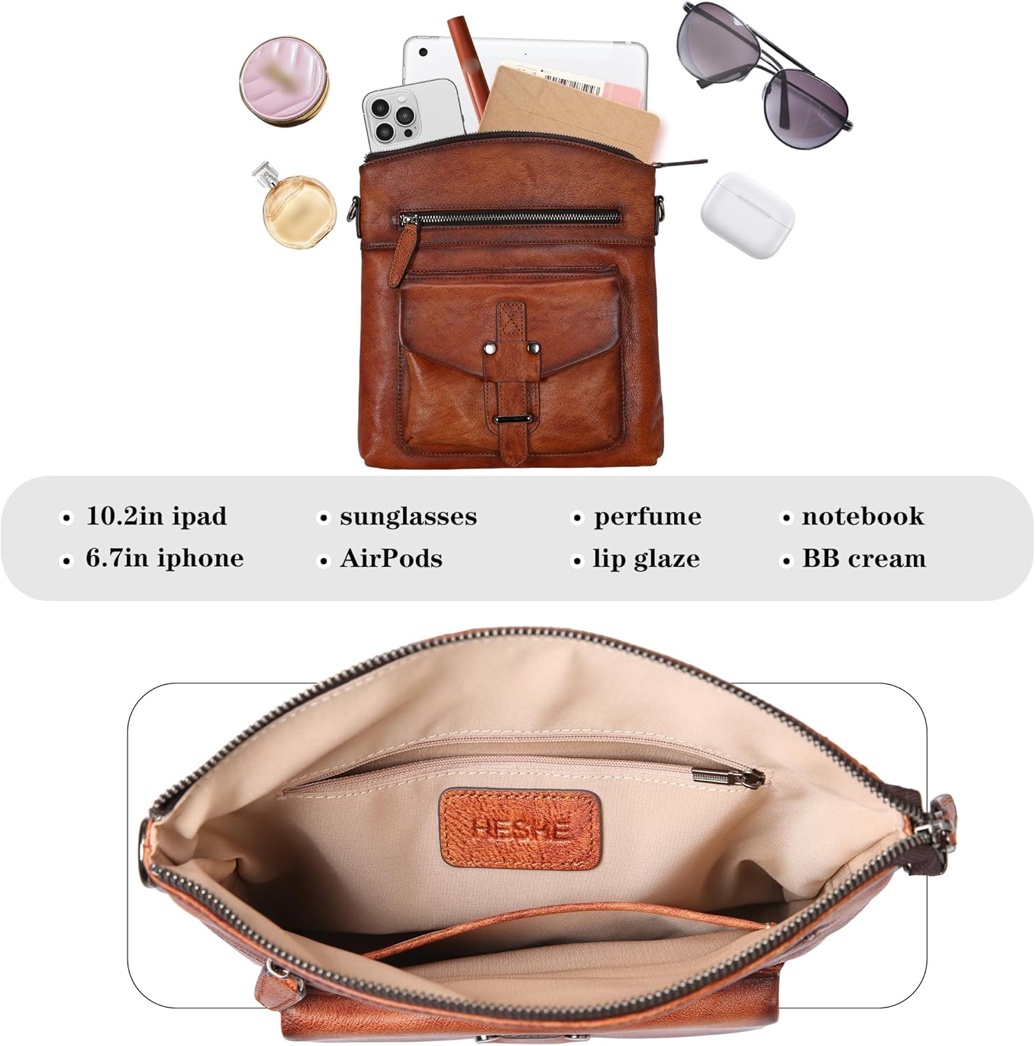 HESHE Leather Crossbody Bags for Women Satchel Purses Shoulder Purses and Handbags Cross Body Bag with Multi Pockets - Image 6